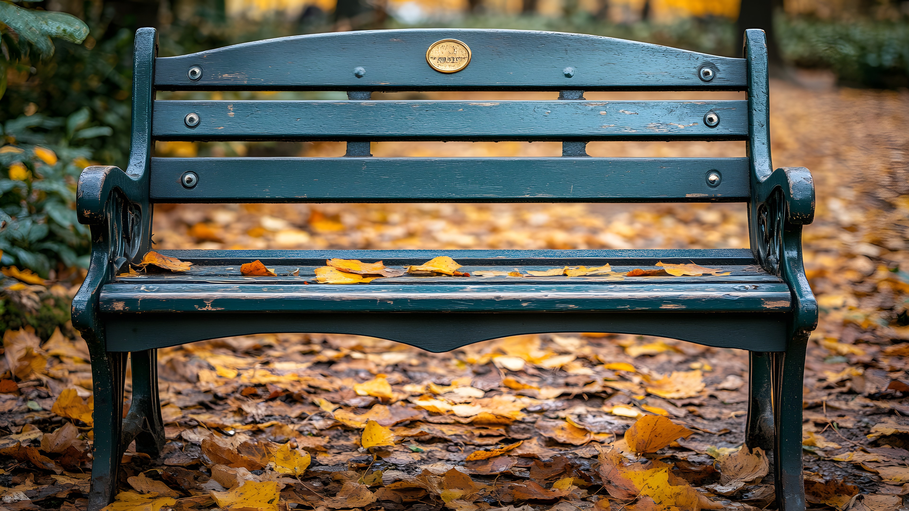Outdoor Bench, Bench, Yellow, Wood, Furniture, Outdoor furniture, Autumn, Brown, Street furniture, Still life photography, Shadow