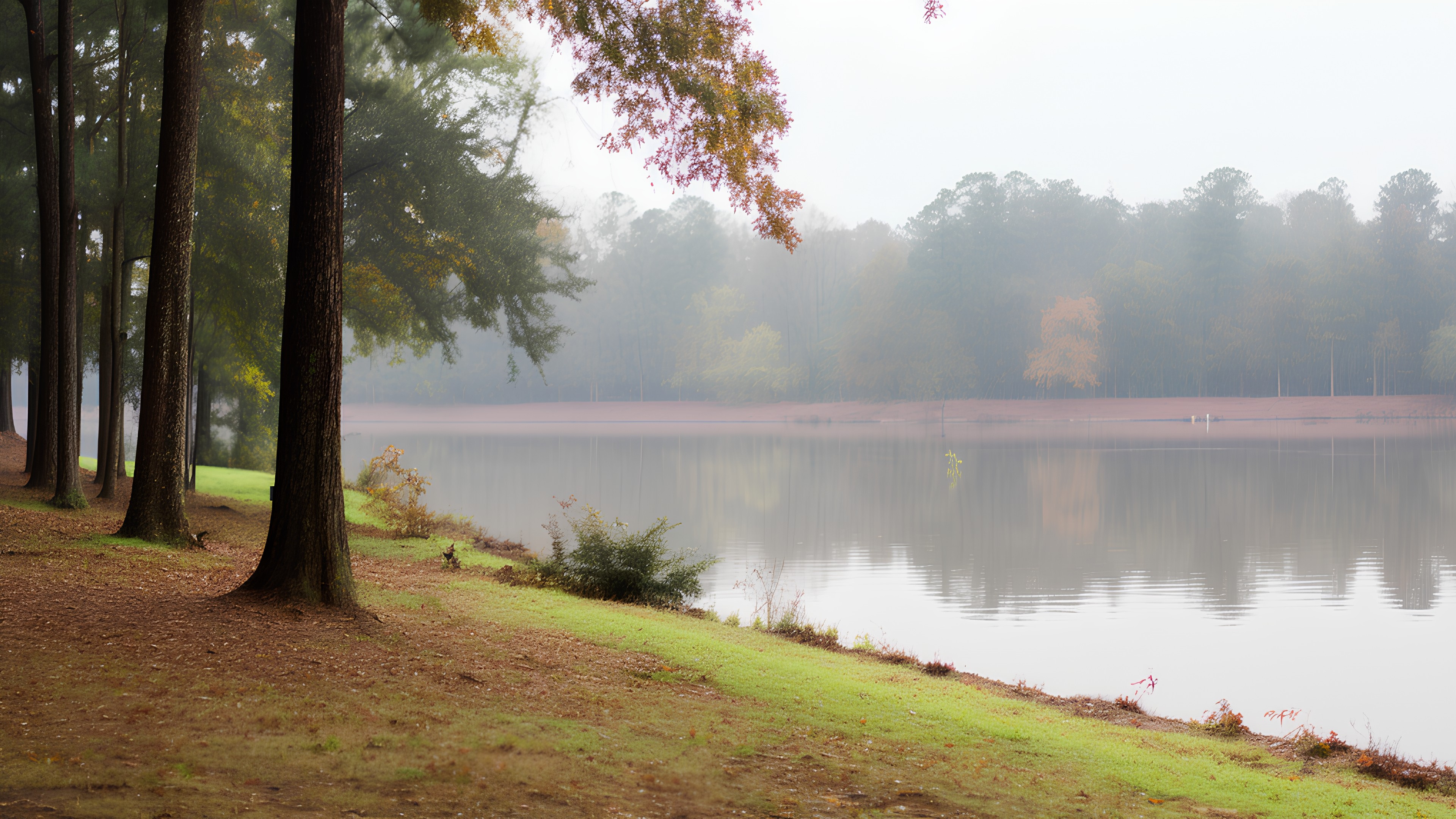 Water, Plant, Sky, Natural landscape, Tree, Natural environment, Lake, Atmospheric phenomenon, Body of water, Grass, Watercourse, Bank, Horizon, Landscape, Sunrise, Lacustrine plain, Fog, Haze, Tints and shades, Wood