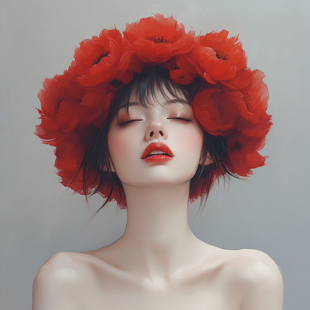 Lips, Red, Eyelash, Beauty, Petal, Wig, Lipstick, Headpiece, Artificial flower, Red hair, Bangs, Portrait, Model, Flesh, Artificial hair integrations, Cut flowers, Rose family, Portrait photography, Toy, Rose