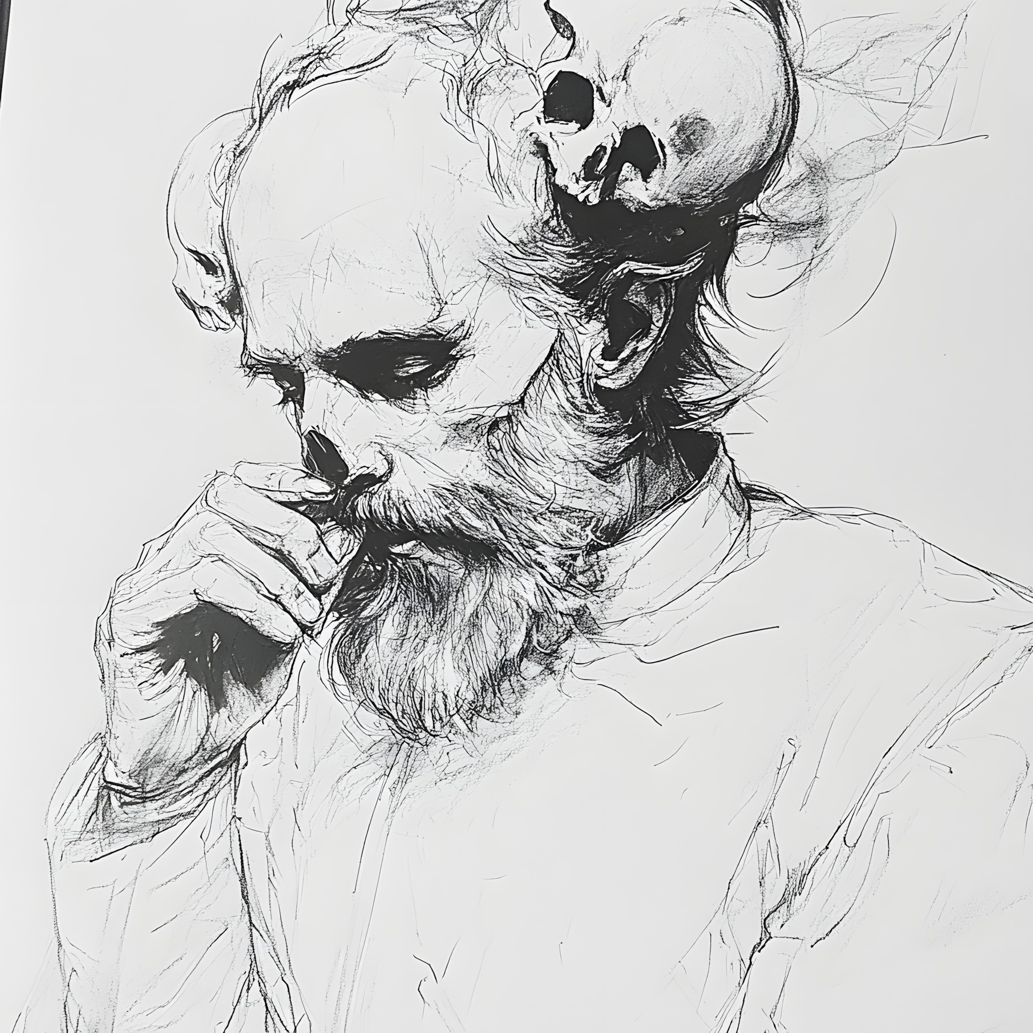 Jaw, Drawing, Art, Facial hair, Moustache, Sketch, Self-portrait, Beard, Illustration, Portrait, Line art, Black and white, Painting, Figure drawing, Gesture, No expression, Graphics, Fashion illustration