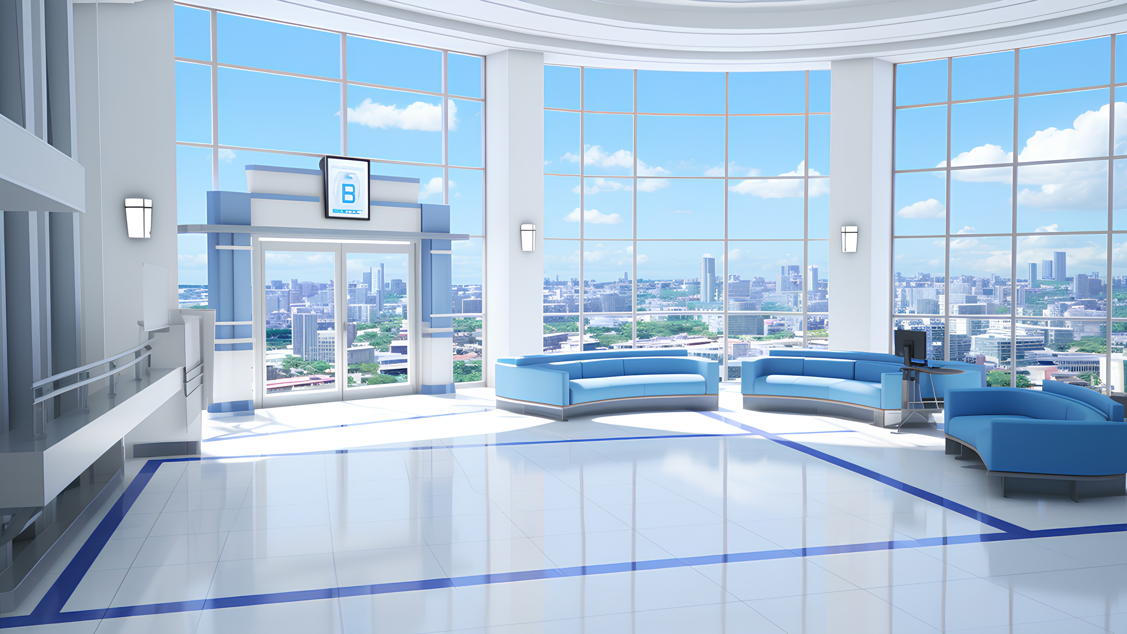 Property, Building, Window, Blue, Azure, Interior design, Cloud, Flooring, Floor, Door, Sky, Shade, Couch, Condominium, Real estate, Tower block, Glass, Ceiling, Commercial building, Living room