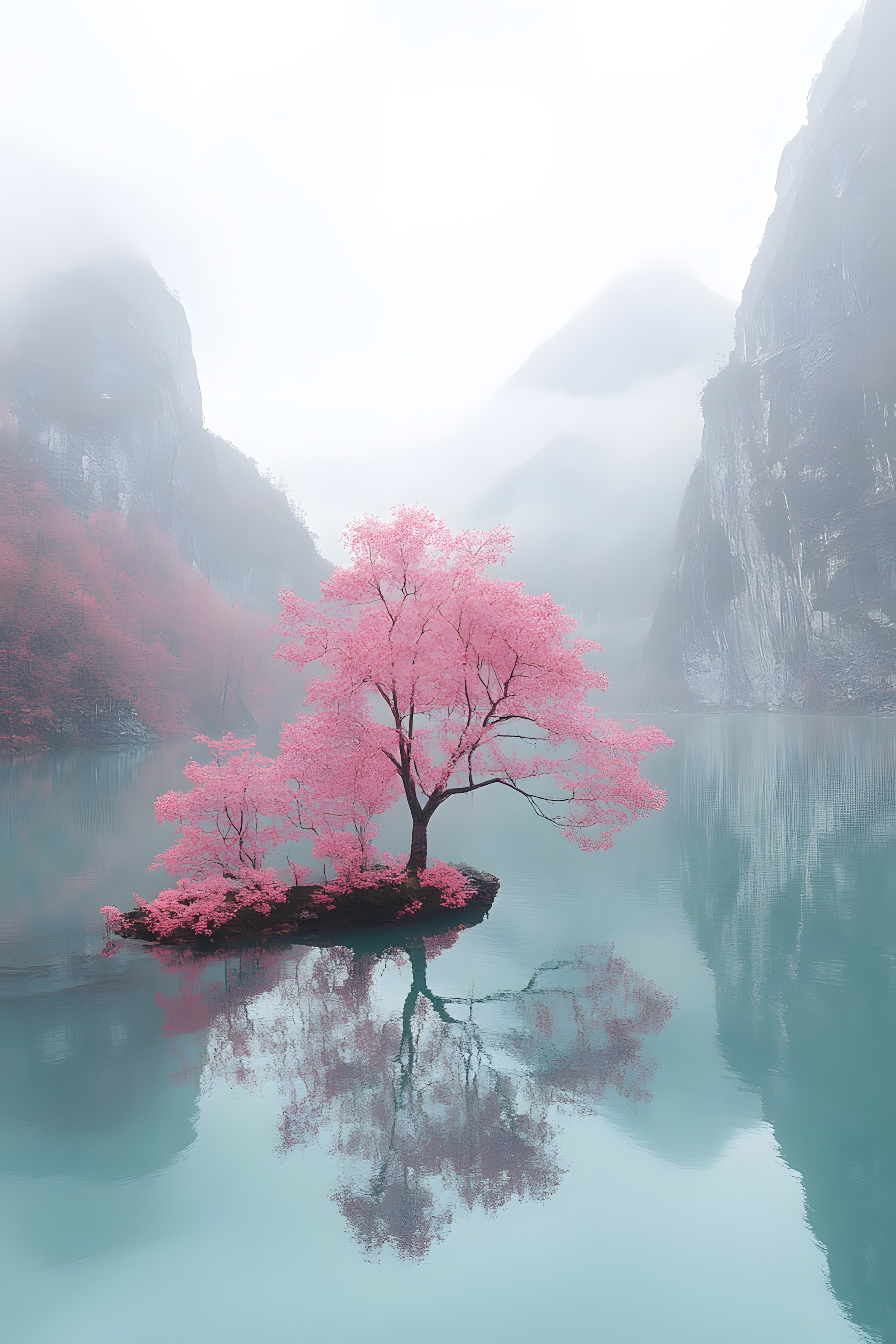 atmospheric phenomenon, Pink, Mist, Fog, Reflection, Fluvial landforms of streams, Haze, Mountain river, Loch, Winter, Lake District, Blossom