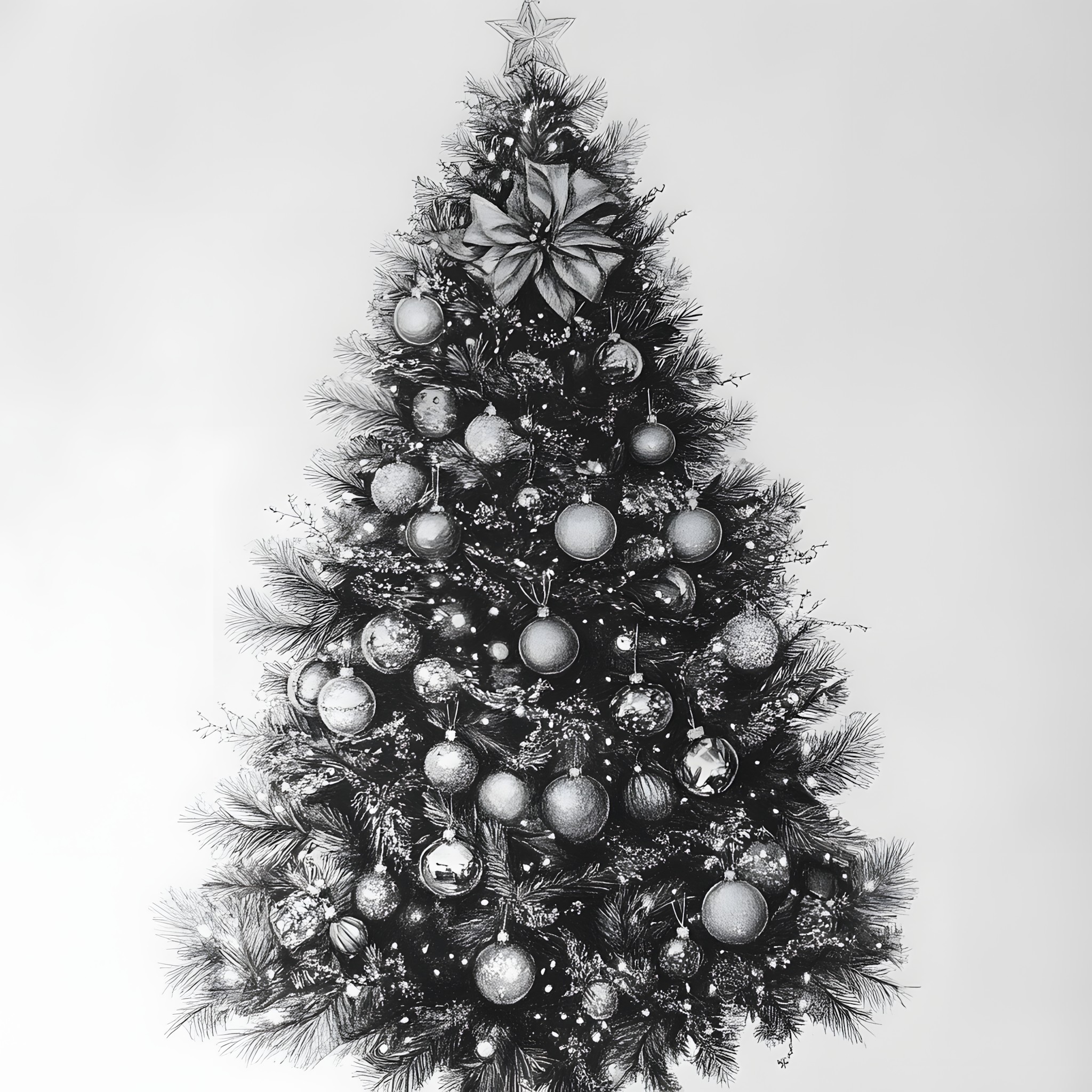 Christmas tree, Christmas ornament, Christmas decoration, Monochrome photography, Ornament, Christmas Day, Woody plant, Black and white, Monochrome, Holiday, Silver, Holiday Ornament, Christmas Eve, Conifers, Virginia pine, Evergreen, Larch, Pine family, Pine, Fir