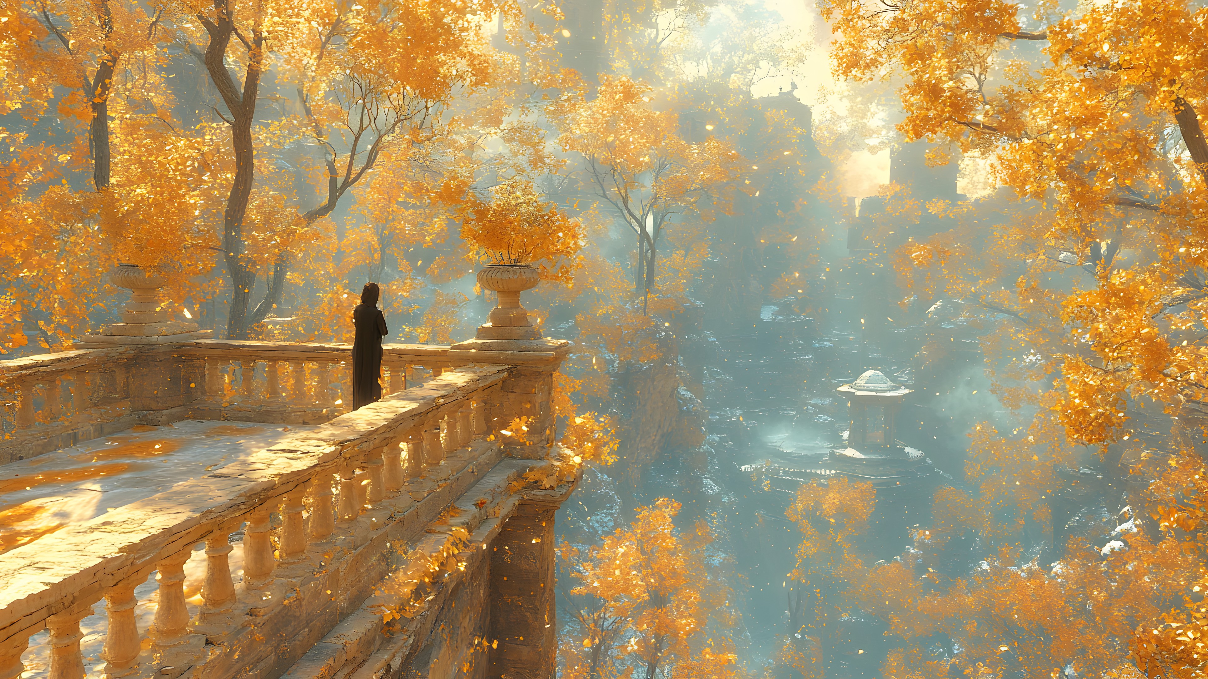 Nature, Yellow, Autumn, Trunk, Morning, Sunlight, Forest, Woodland, Old-growth forest, Temperate broadleaf and mixed forest, Mist, Fog
