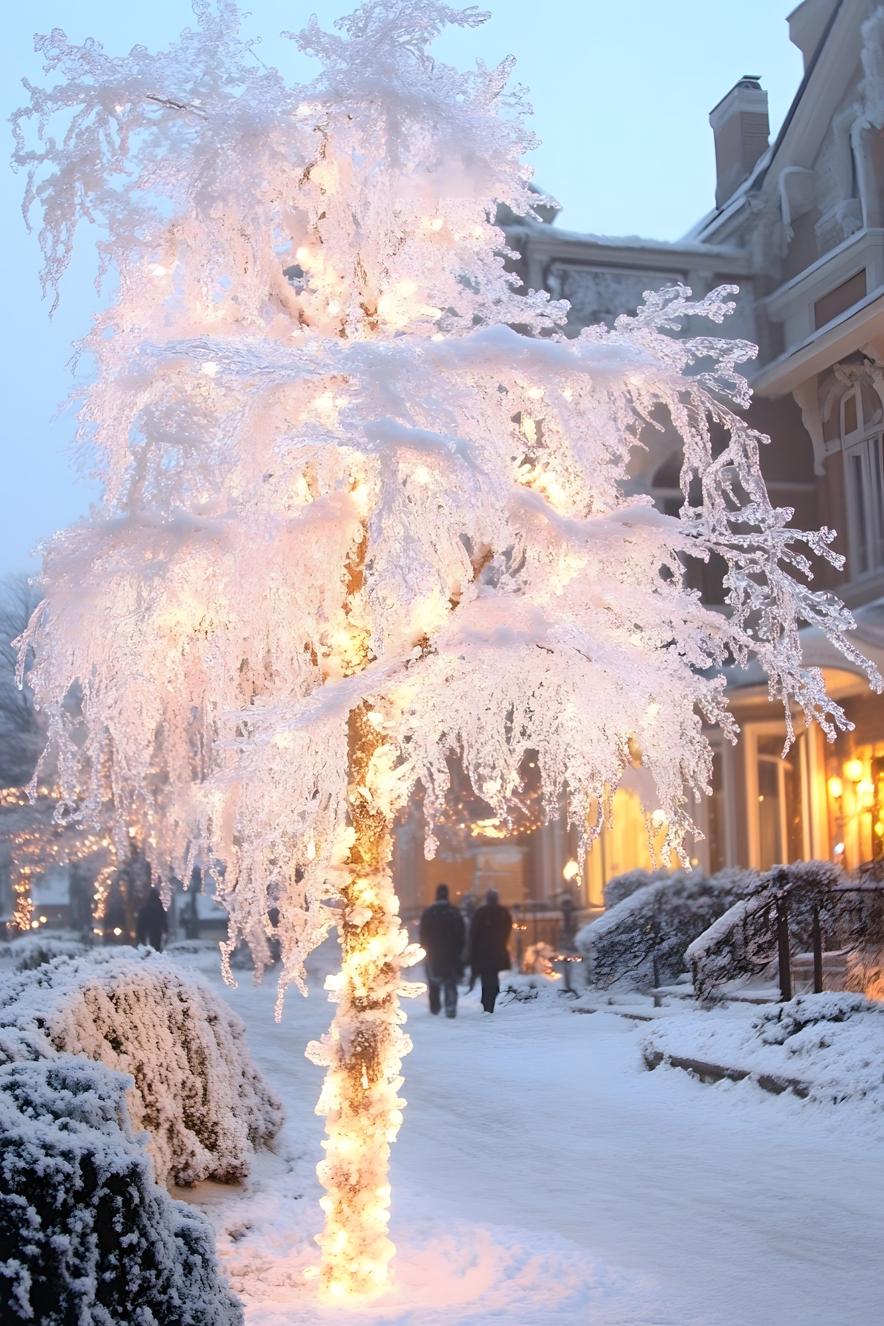 Branch, Winter, Snow, Frost, Twig, Lighting, Freezing, Ice, Winter storm, Precipitation, Natural material, Christmas Day, Night, Pine family, Christmas decoration