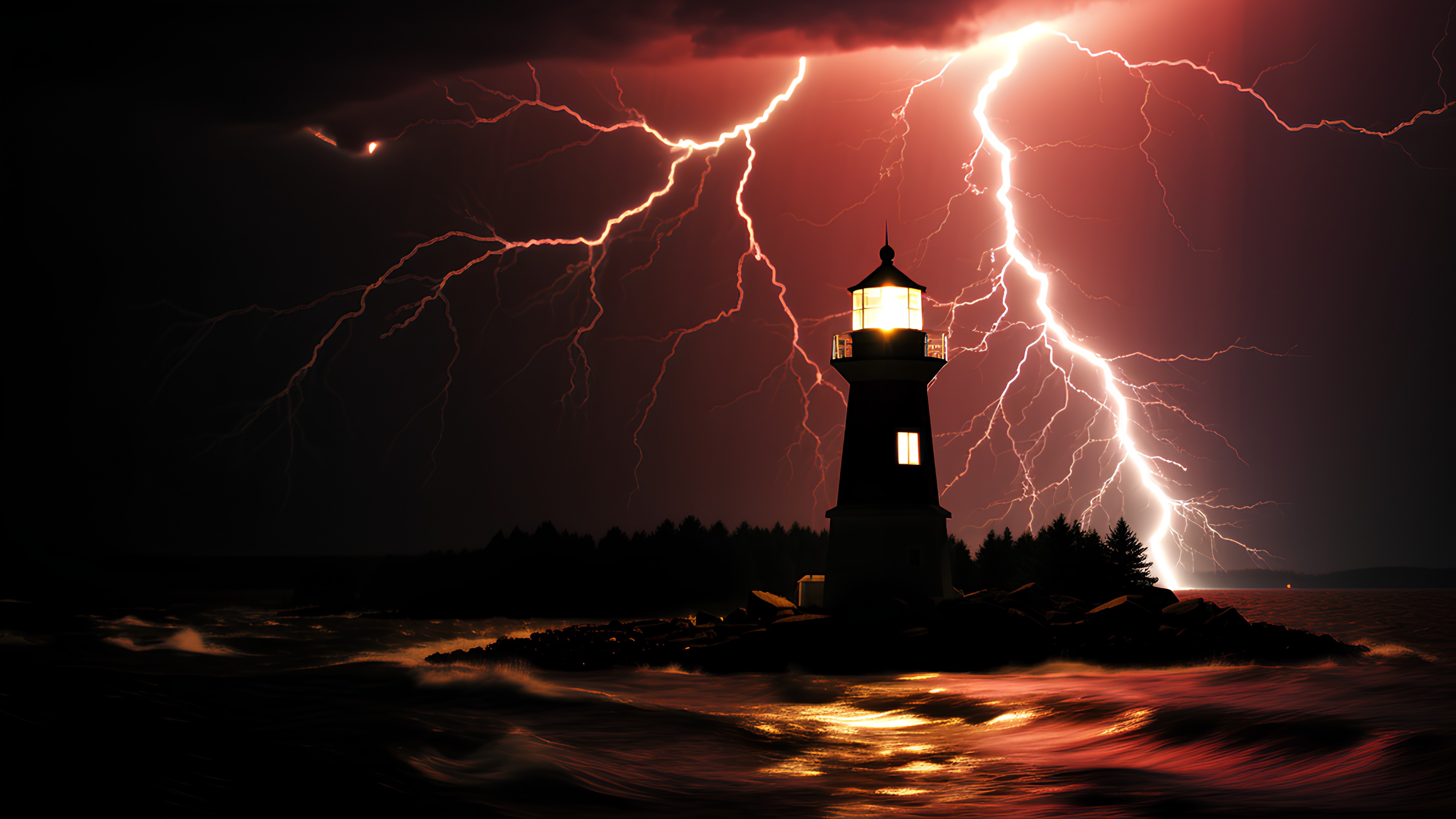 Water, Lighthouse, Cloud, Lightning, Atmosphere, Photograph, Sky, Thunder, White, Light, Thunderstorm, Nature, Lighting, Electricity, Atmospheric phenomenon, Tower, Tree, Line, Window, Morning