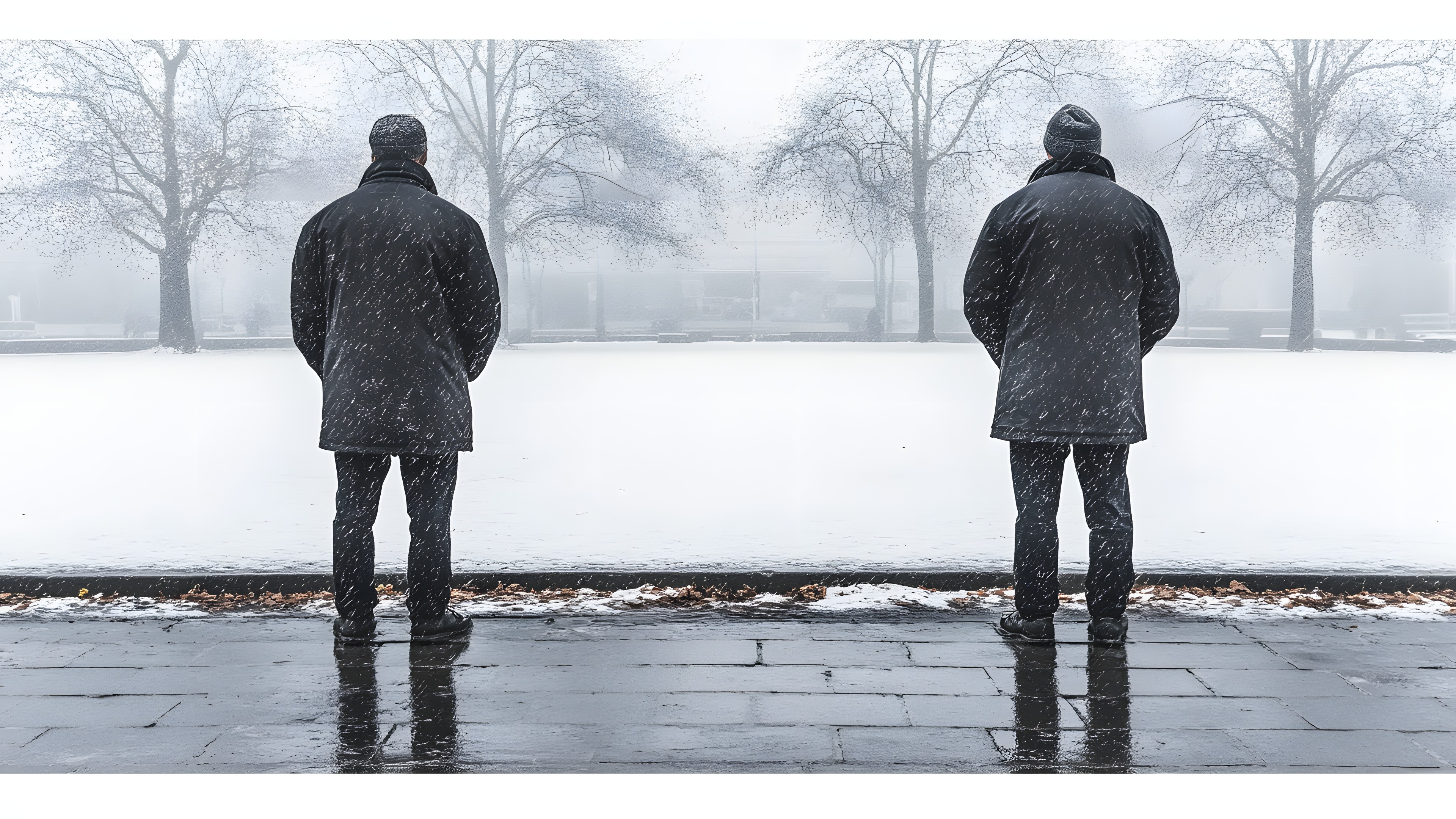 Winter, Standing, Snow, atmospheric phenomenon, Black, Pedestrian, Freezing, Walking, Monochrome, Grey, Black and white, Precipitation, Winter storm, Fog, Mist, Holding hands, Blizzard, Ice, Haze, Shadow