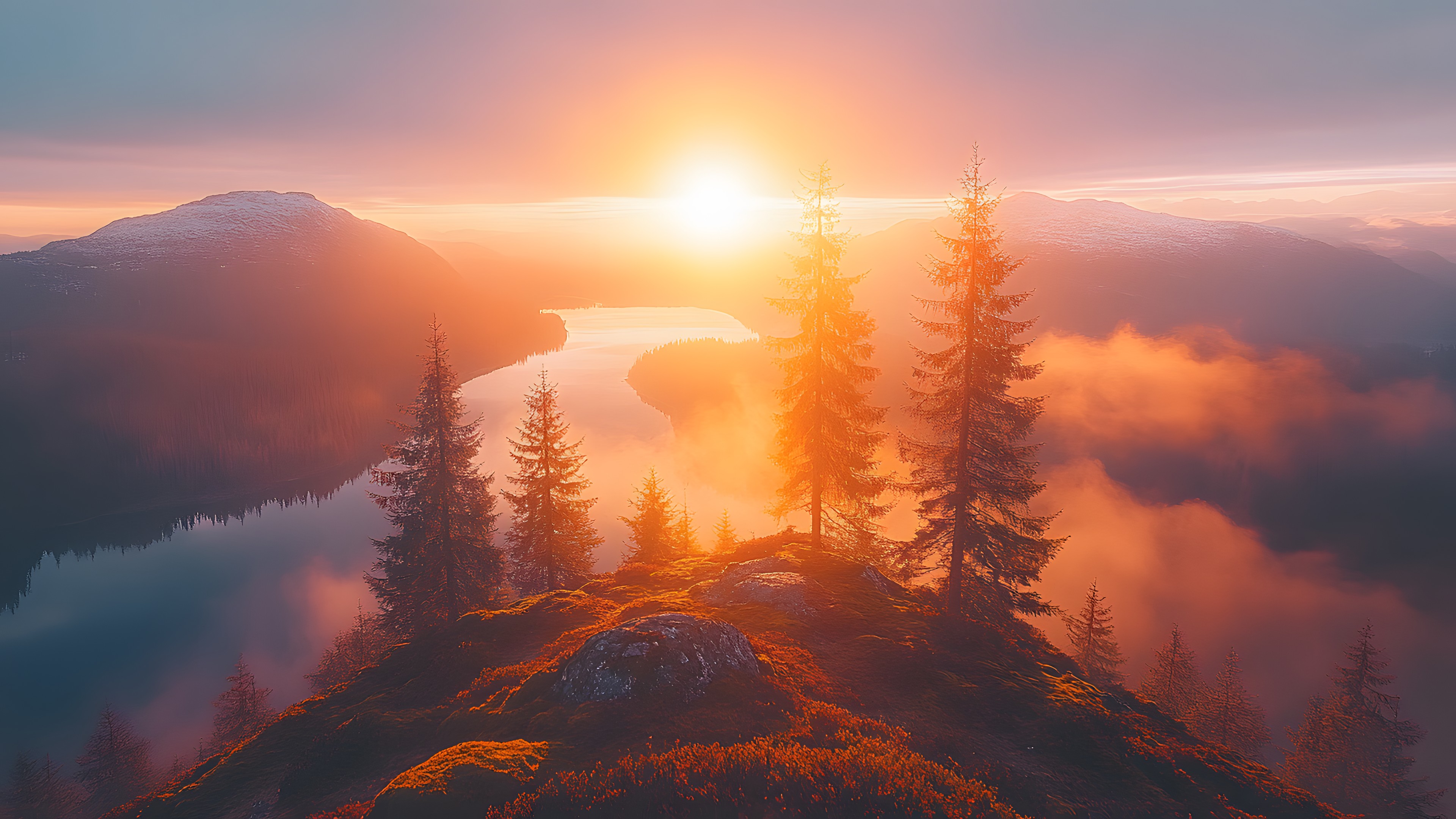 Mountainous landforms, atmospheric phenomenon, Natural landscape, Afterglow, Sunset, Sunrise, Mountain, Dusk, Sun, Wilderness, Hill, Orange, Highland, Forest, Mist, Reflection, Evening, Red sky at morning, Sunlight, Morning