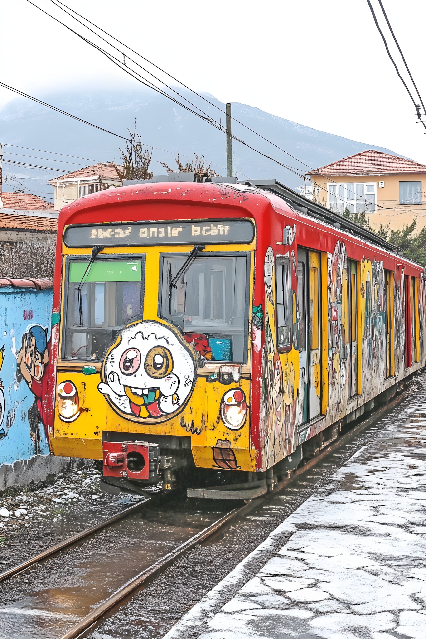 Train, Mode of transport, Transport, Rolling stock, Public transport, Rail transport, Passenger car, Track, Railroad car, Paint, Electricity, Rolling, Rapid transit, Machine, Public utility, Travel, Windscreen wiper, Graffiti, Trolley, Locomotive