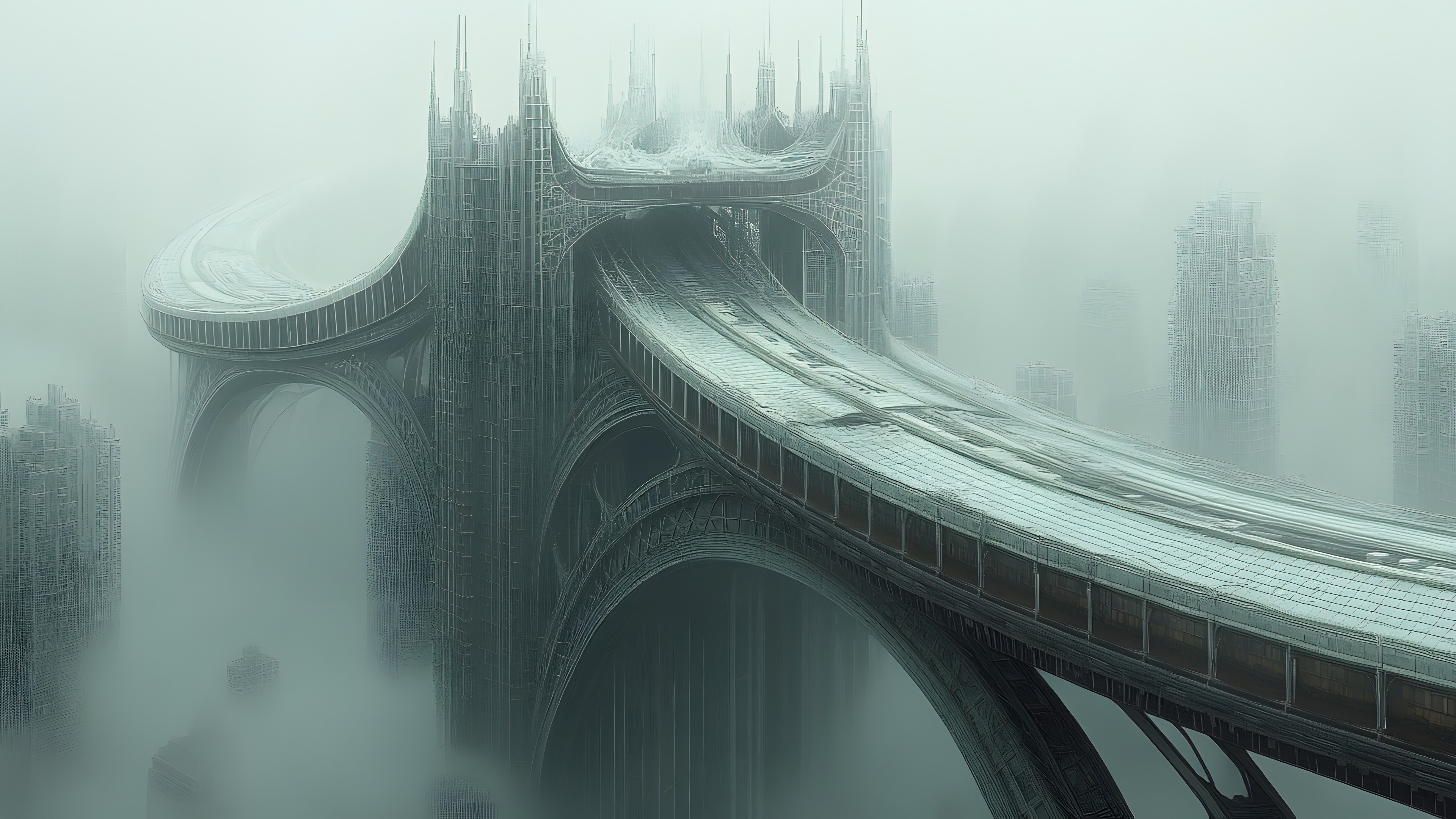 Bridge, atmospheric phenomenon, Fog, Mist, Arch bridge, Arch, Haze, Concrete bridge, List of nonbuilding structure types, Bridge–tunnel, Tower, Overpass, Beam bridge, Viaduct, Girder bridge, Cityscape