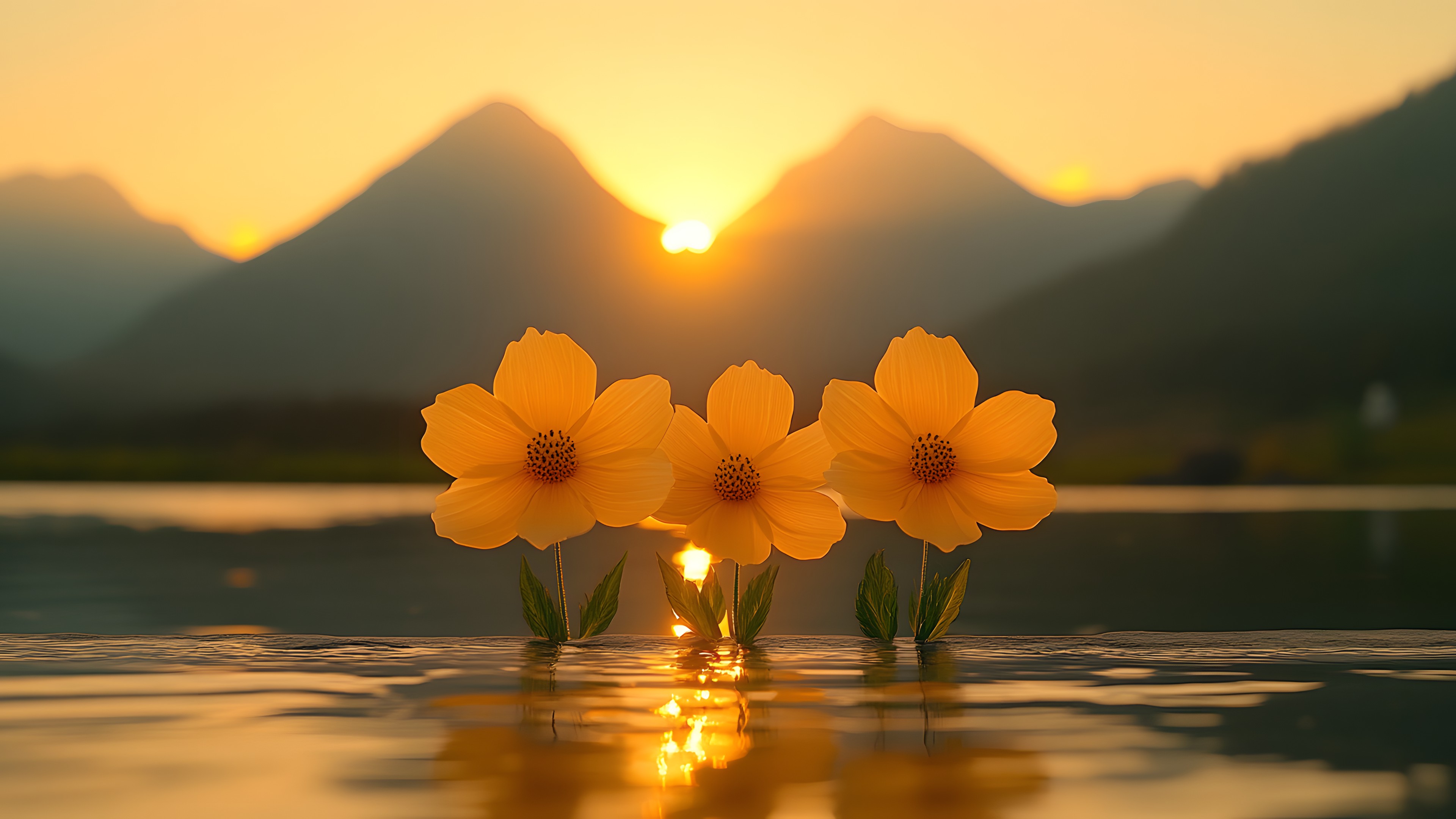 Flower, Yellow, Petal, Reflection, Orange, Sunrise, Morning, Lake, Sunset, Sunlight, Evening, Sun, Wildflower, Dusk, Reservoir, Afterglow, Lake District, Astronomical object, Loch, Dawn