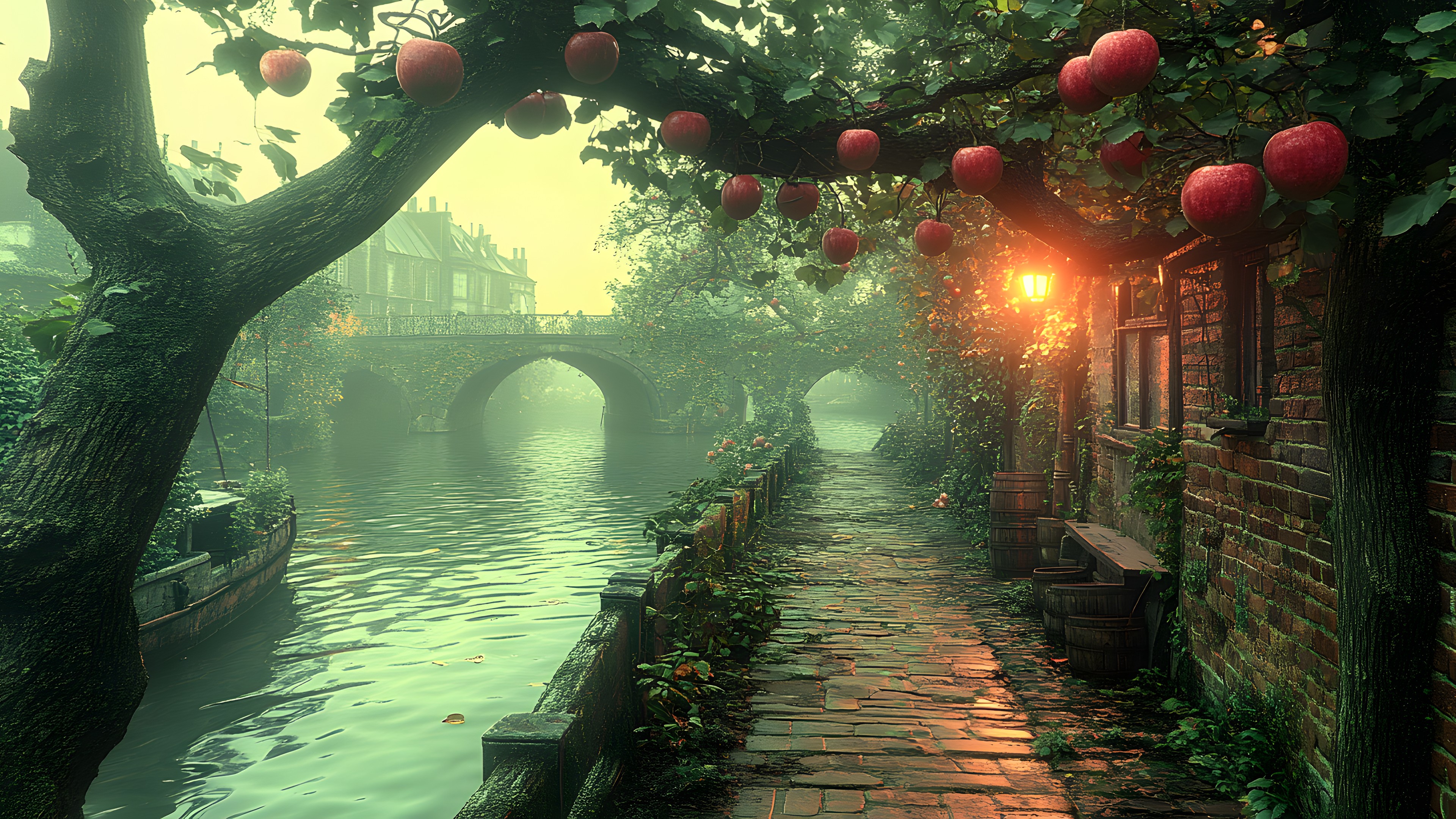 atmospheric phenomenon, Canal, Mist, Bridge, Haze, Autumn, Fog, Stream, Rose family
