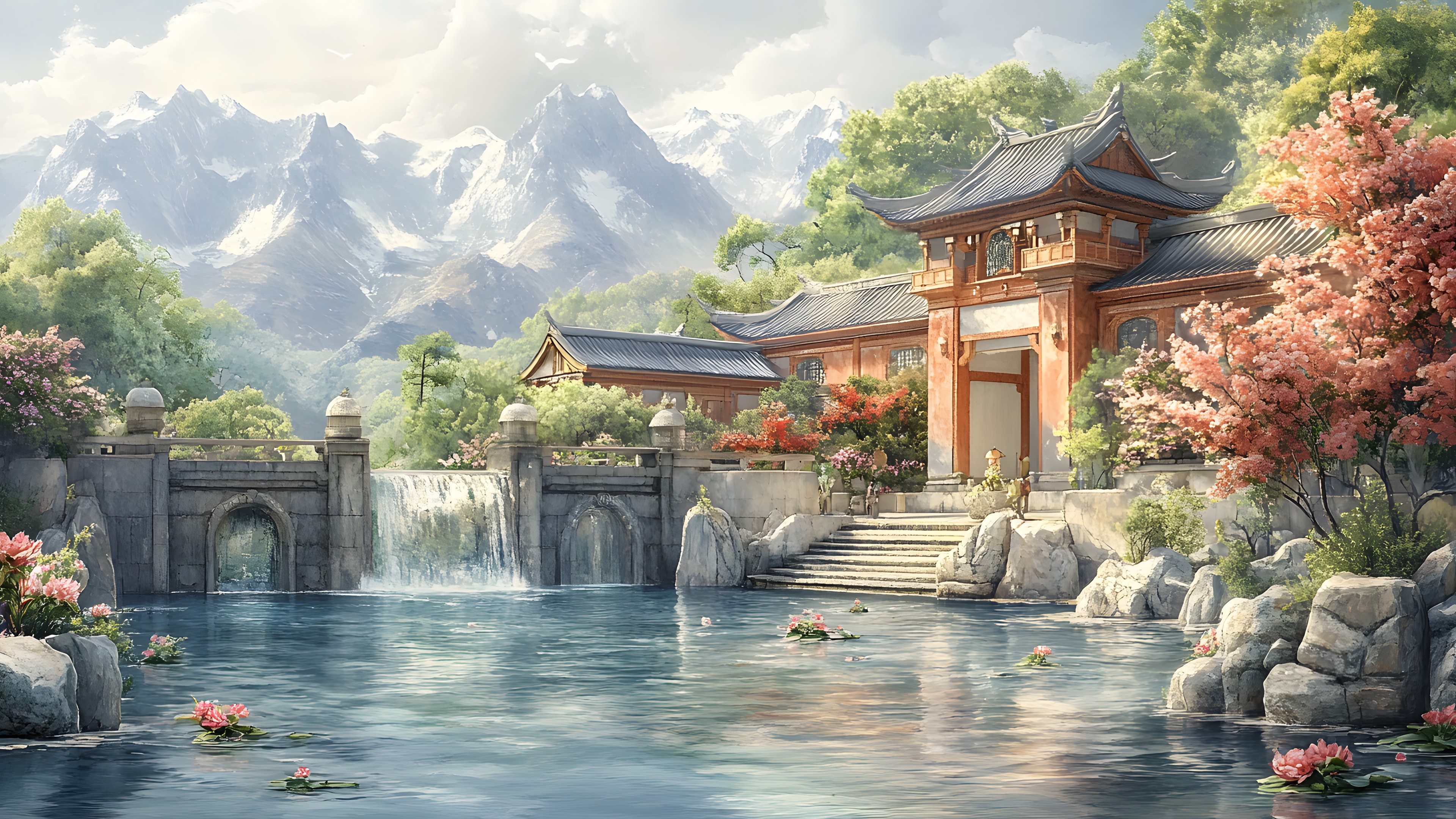 Natural landscape, Watercourse, Japanese architecture, Chinese architecture, Pond, Reflection, Garden, Water feature, Pagoda, Reflecting pool, Watercolor painting, Water castle, Mountain river