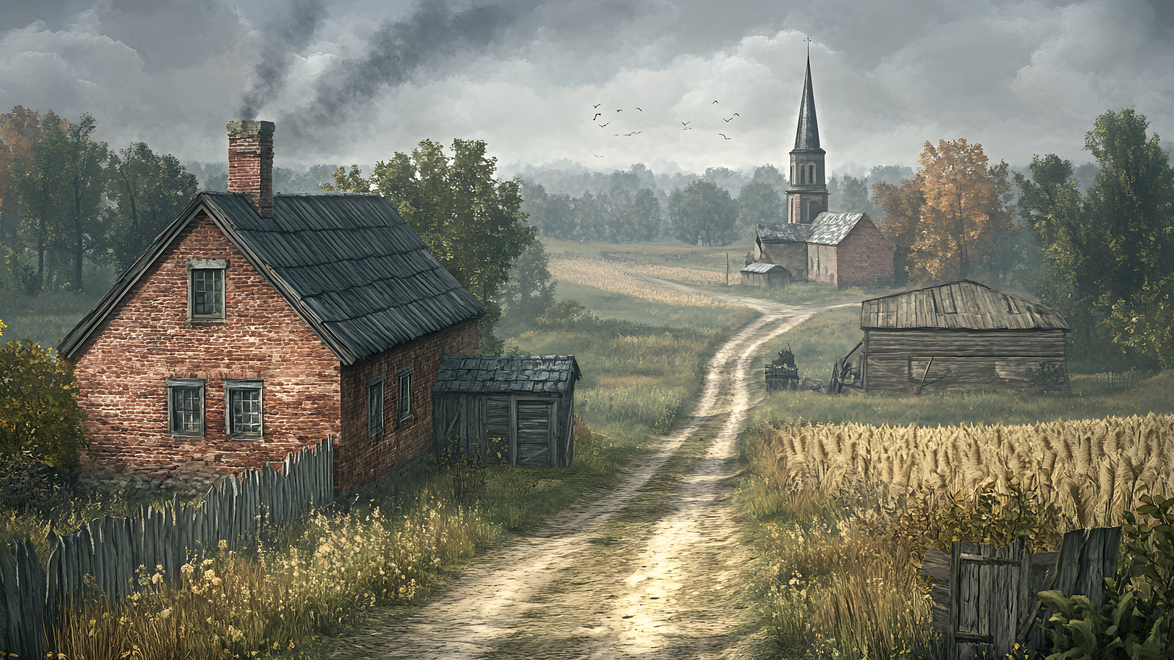 Cloud, House, Landscape, Rural area, Village, Land lot, Cottage, Human settlement, Barn, Cumulus, Hut, Field, Meteorological phenomenon, Croft, Farm, Farmhouse, Prairie, Watercolor painting, Chimney, Shed