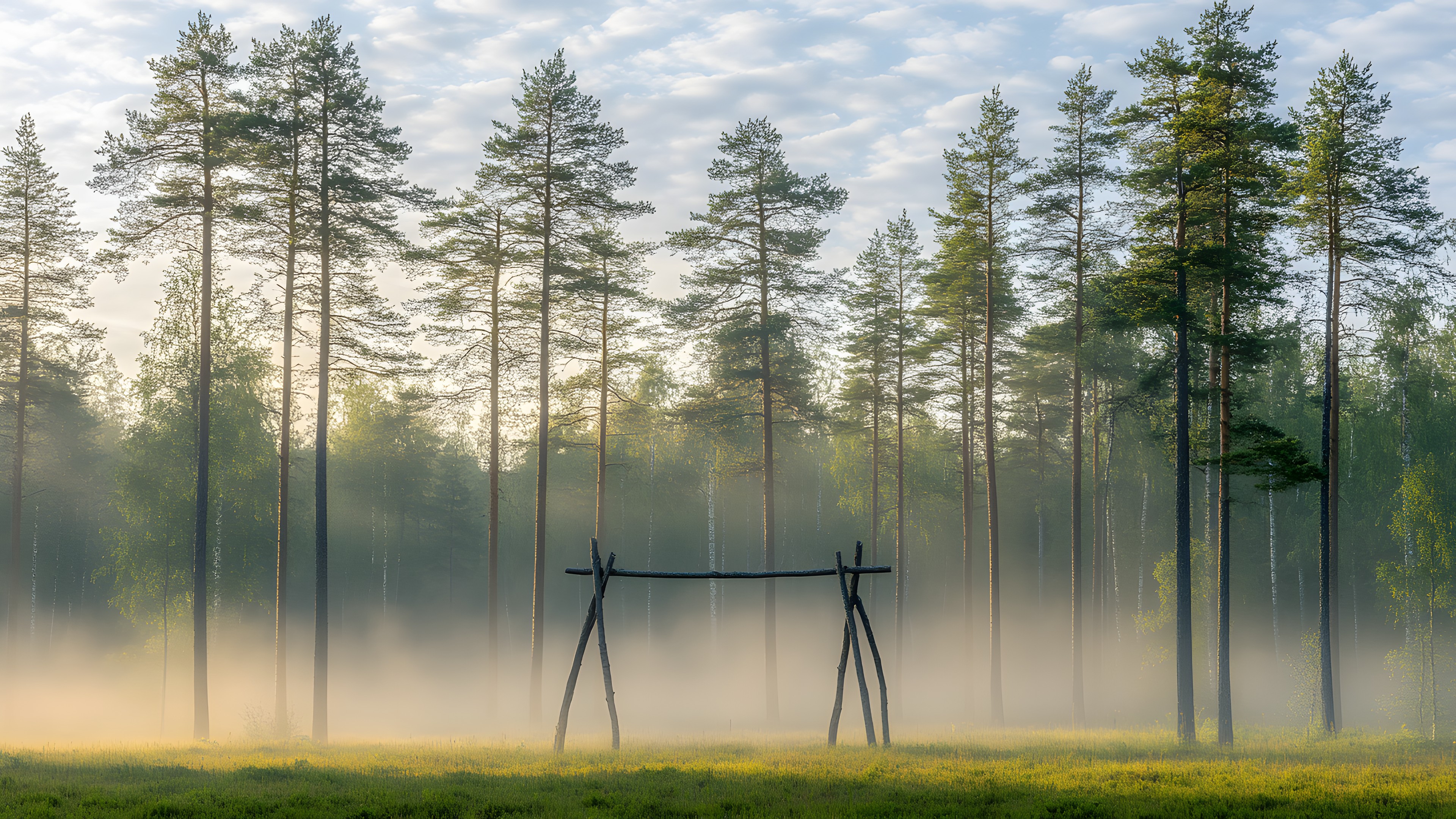 Tree, Natural environment, Nature, Natural landscape, atmospheric phenomenon, Forest, Grove, Woodland, Spruce-fir forests, Trunk, Morning, Northern hardwood forest, Woody plant, Temperate broadleaf and mixed forest, Larch, Mist, Tropical and subtropical coniferous forests, Old-growth forest, Jungle, Fog