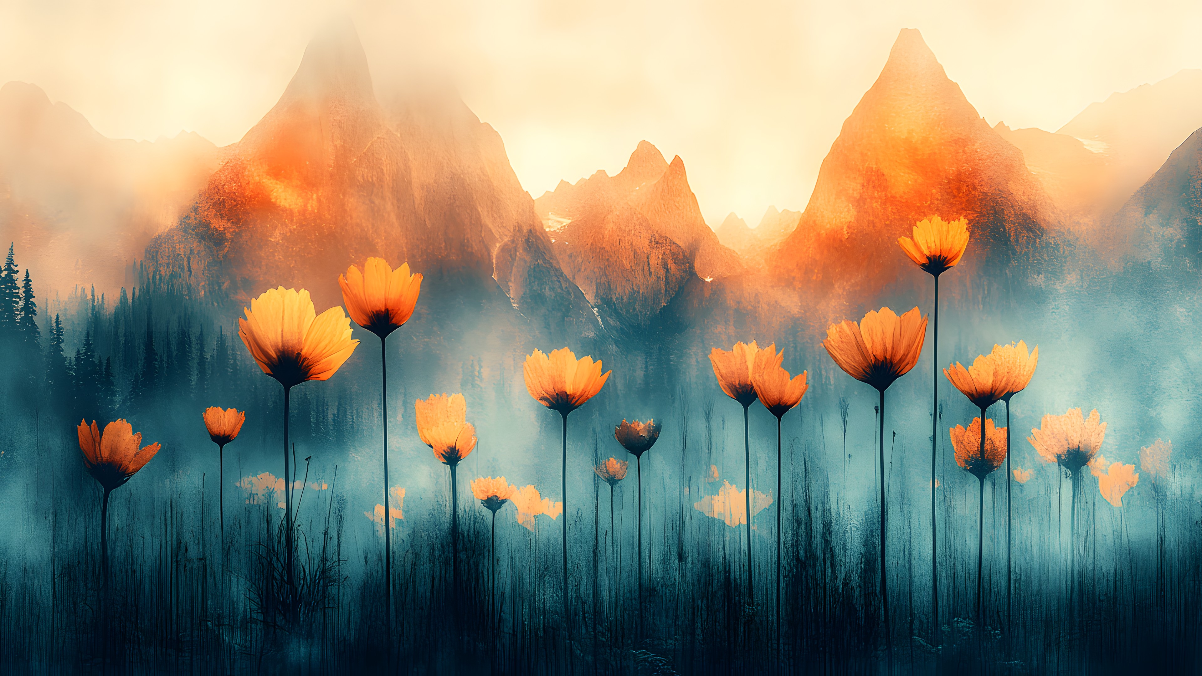 Yellow, Orange, Petal, Wildflower, Sunrise, Evening, Acrylic paint, Watercolor painting, Tulip, Poppies, Dawn, Mist, Lilies