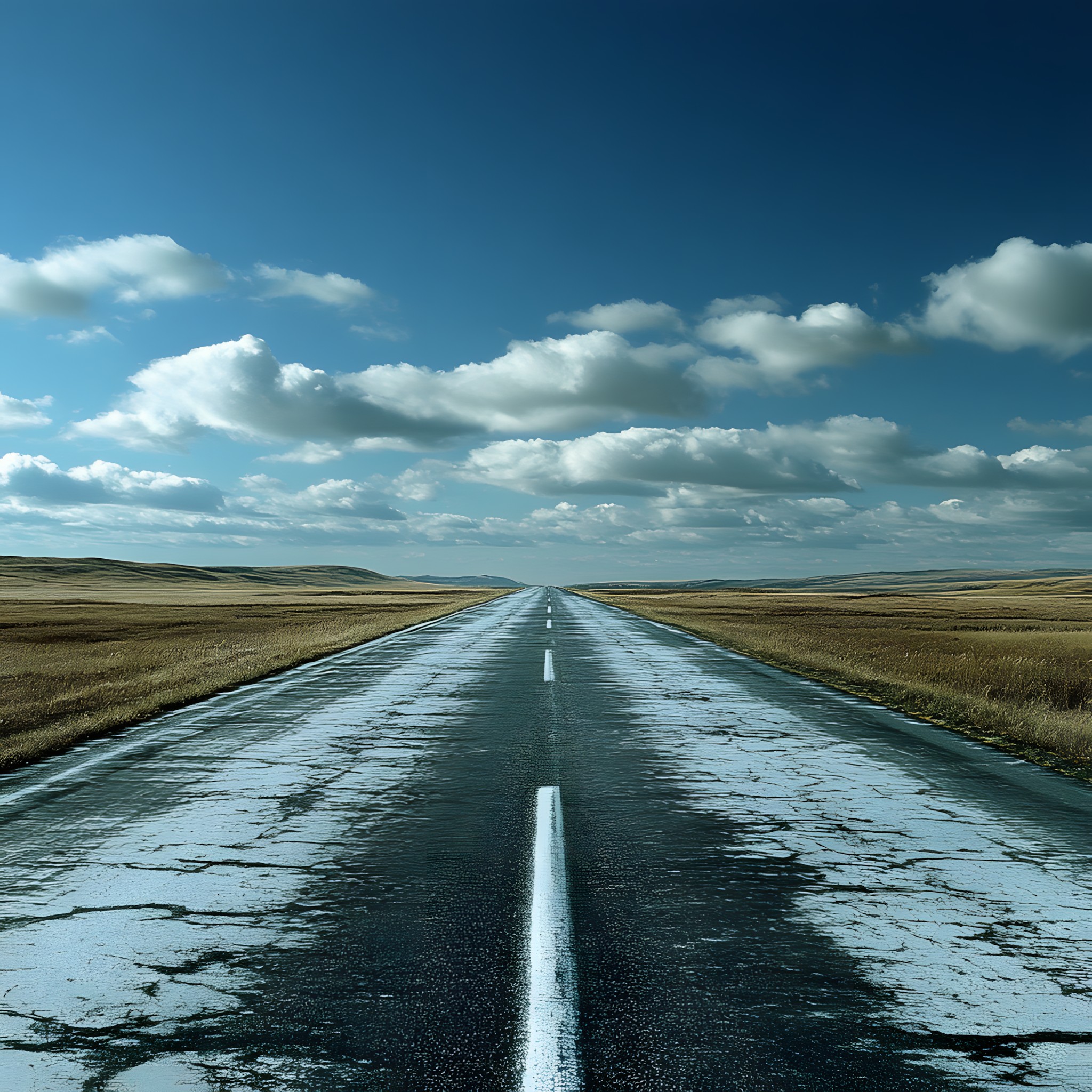 Blue, Road, Horizon, Cloud, Natural landscape, Ecoregion, Highway, Landscape, Plain, Asphalt, Thoroughfare, Cumulus, Controlled-access highway, Lane, Steppe, Prairie, Field, Tar, Meteorological phenomenon, Wind