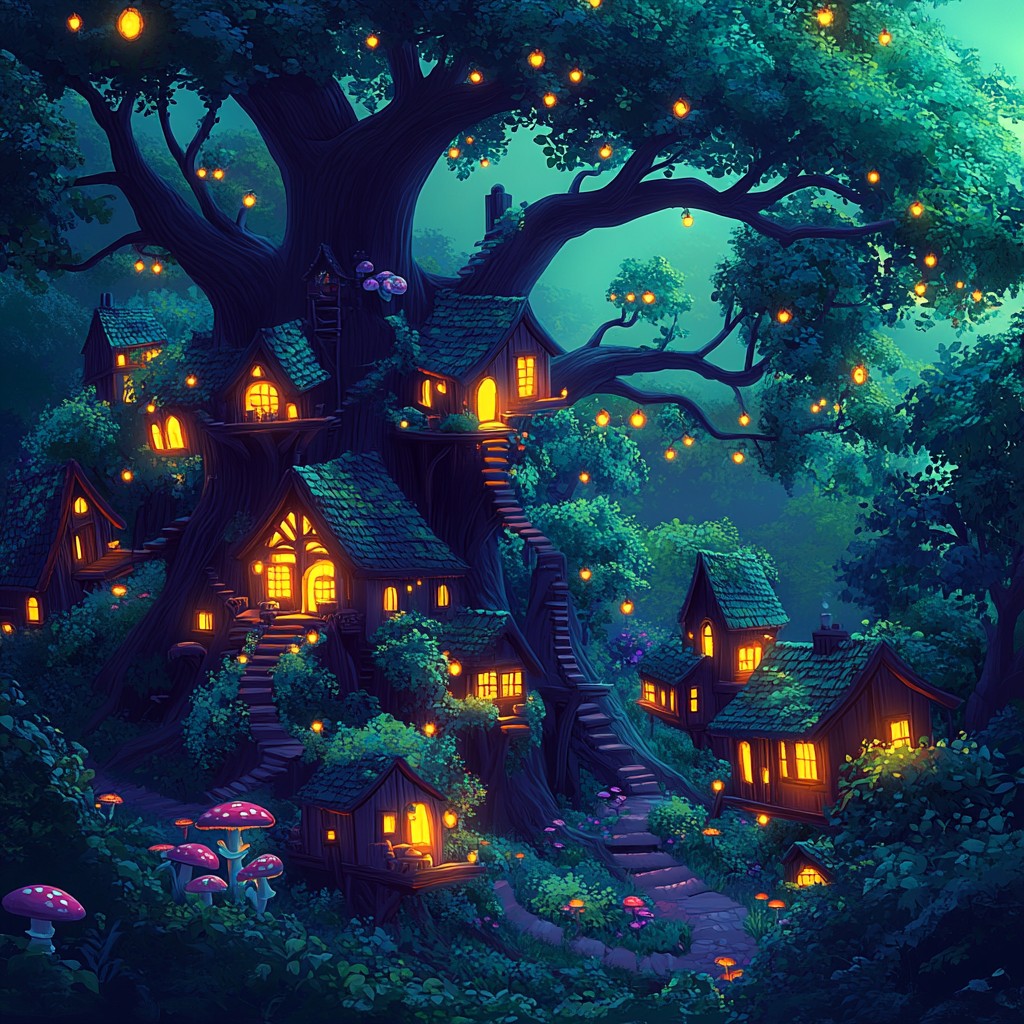 Tree house, Forest, Night, Animation, Cottage, Jungle, Hut, Old-growth forest