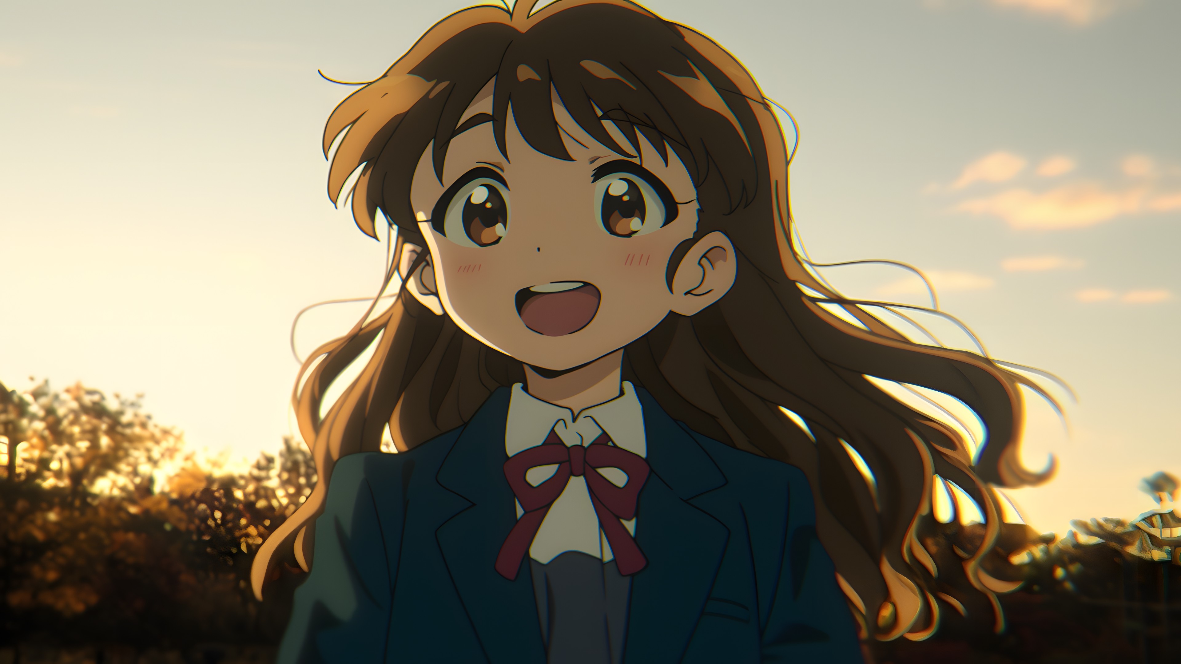 Happiness, Facial expression, Cartoon, Anime, Animated cartoon, CG artwork, Animation, Fictional character, Brown hair, Long hair, Gesture, Fiction, Hime cut