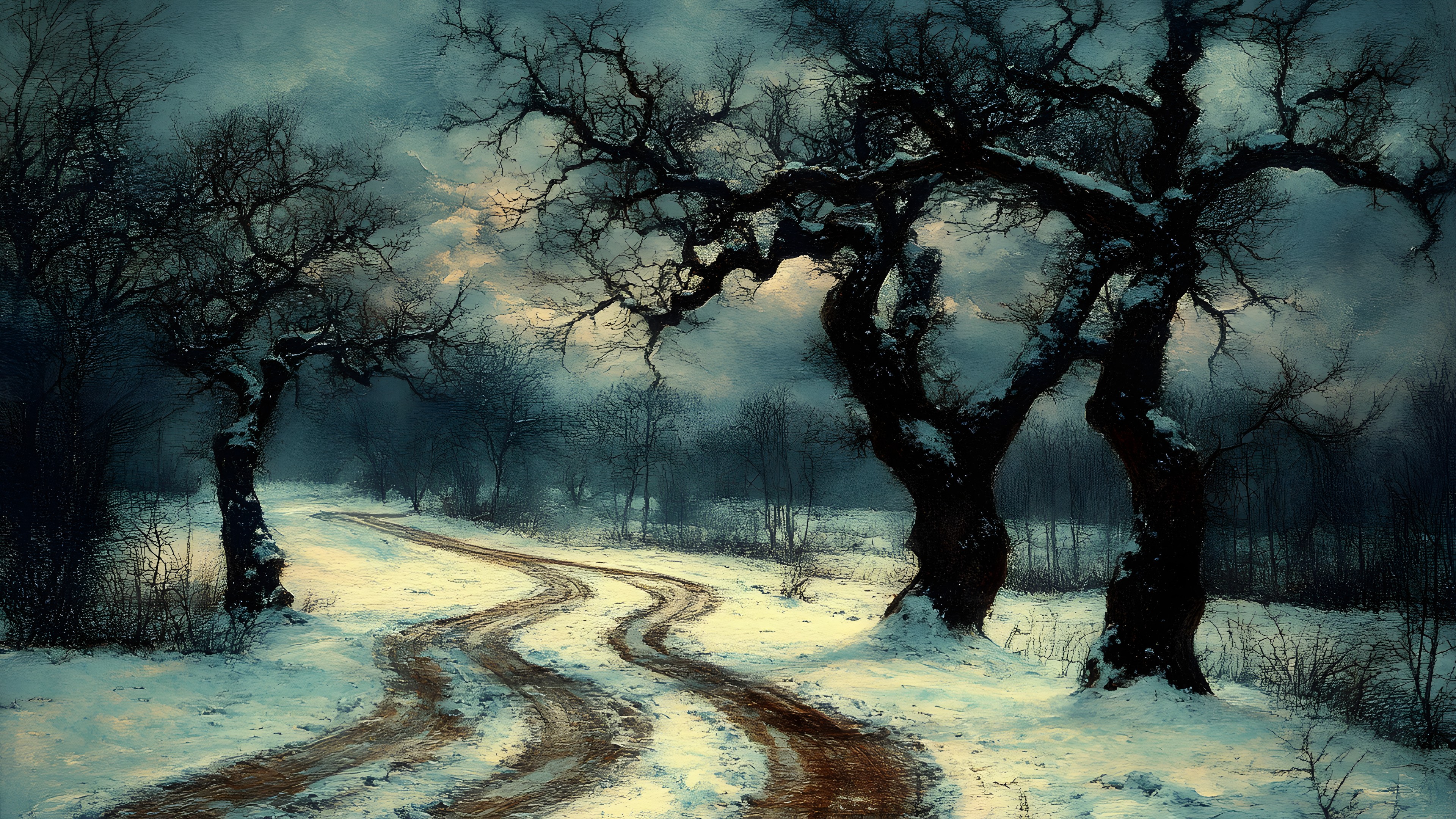 Branch, Natural landscape, atmospheric phenomenon, Winter, Trunk, Forest, Twig, Frost, Freezing, Snow, Woodland, Trail, Precipitation, Watercolor painting, Winter storm, Dirt road, Fog