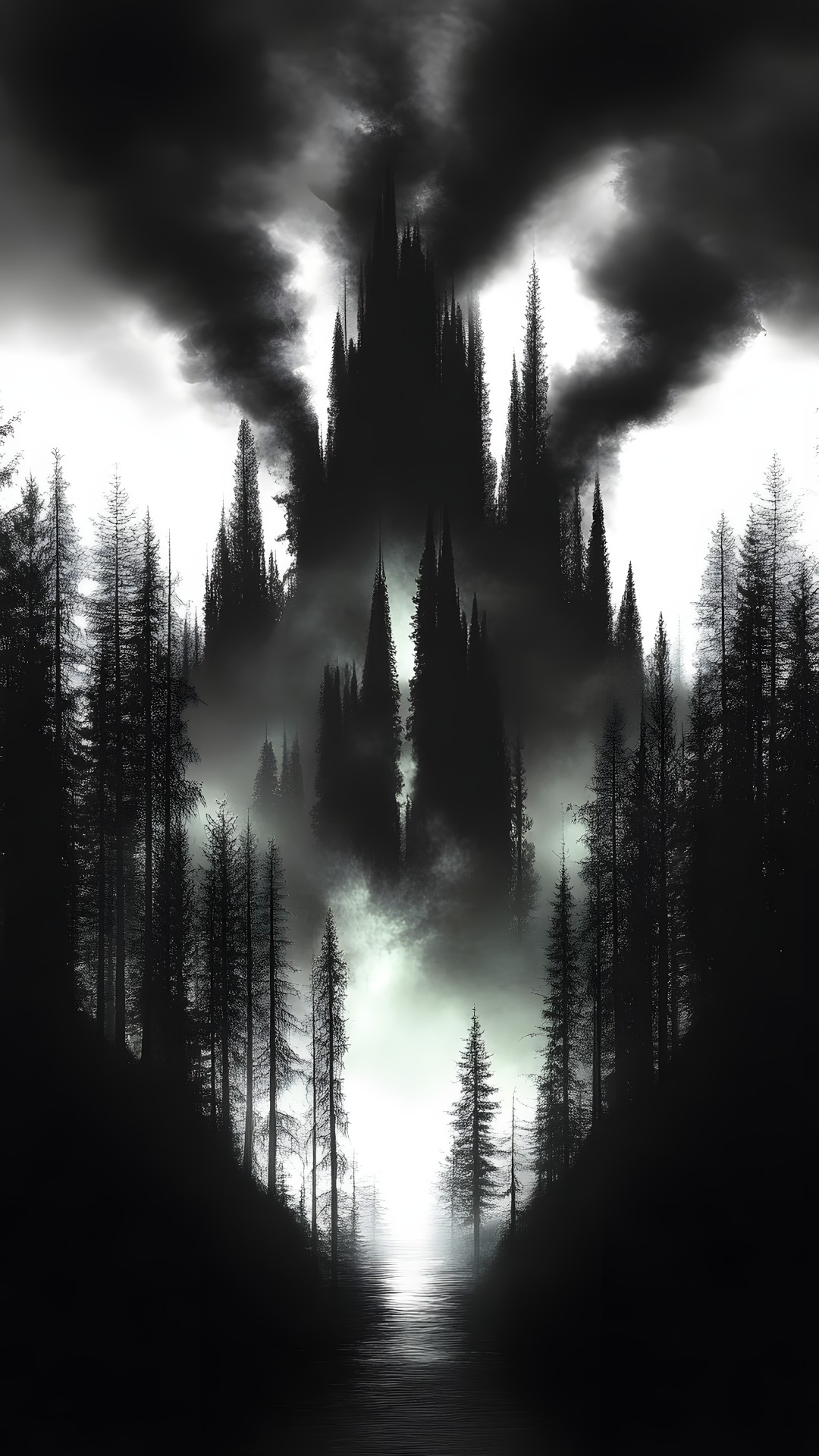 Nature, atmospheric phenomenon, Monochrome photography, Black, Forest, Mist, Black and white, Monochrome, Darkness, Fog, Trunk, Old-growth forest, Haze, Woodland, Jungle, Evening, Spruce-fir forests, Meteorological phenomenon, Conifers, Silhouette