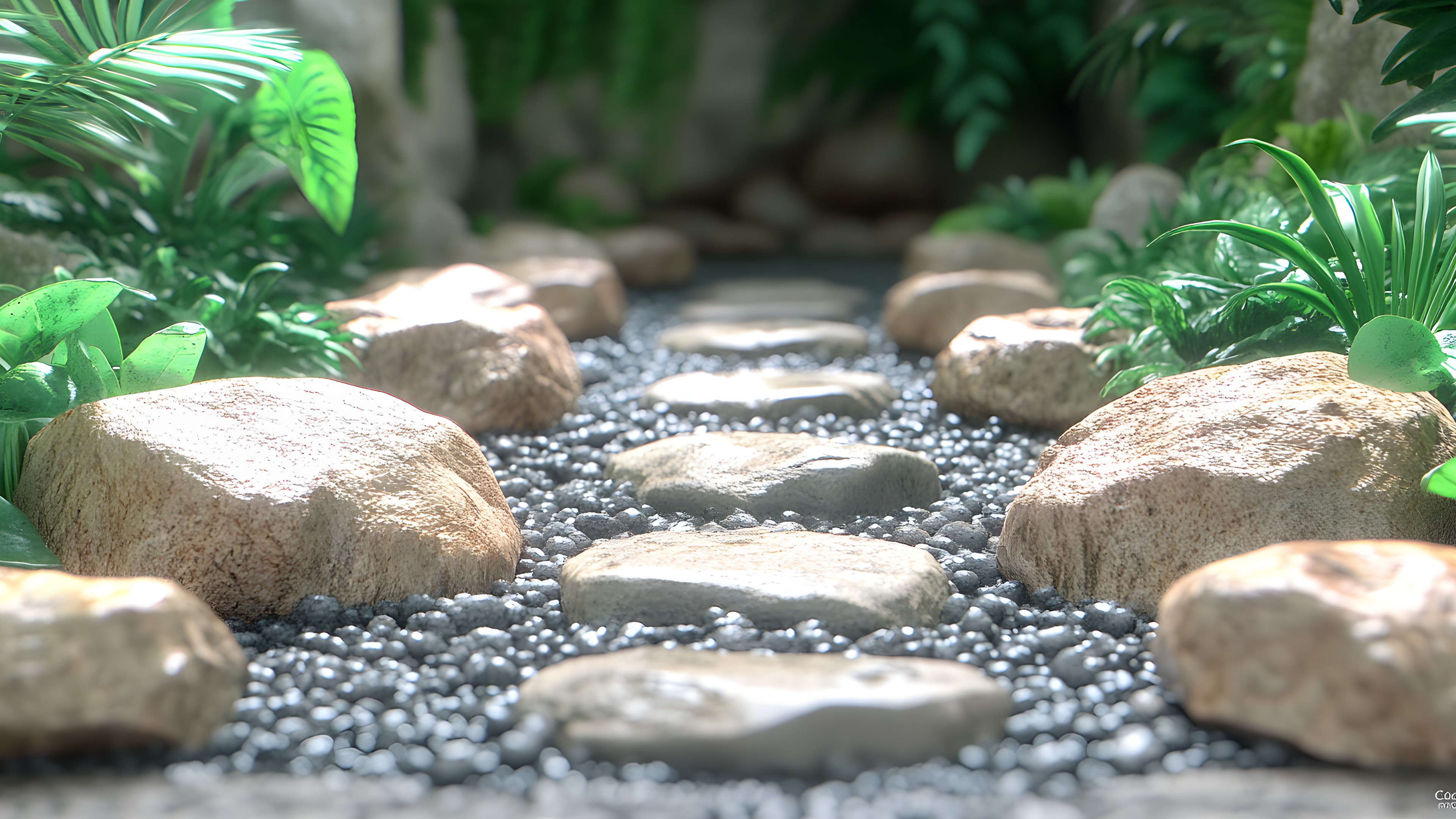 Rock, Pebble, Gravel, Environmental art, Garden, Landscaping, Cobblestone, Bedrock, Natural material, Design, Building material, Boulder, Rubble, Water feature
