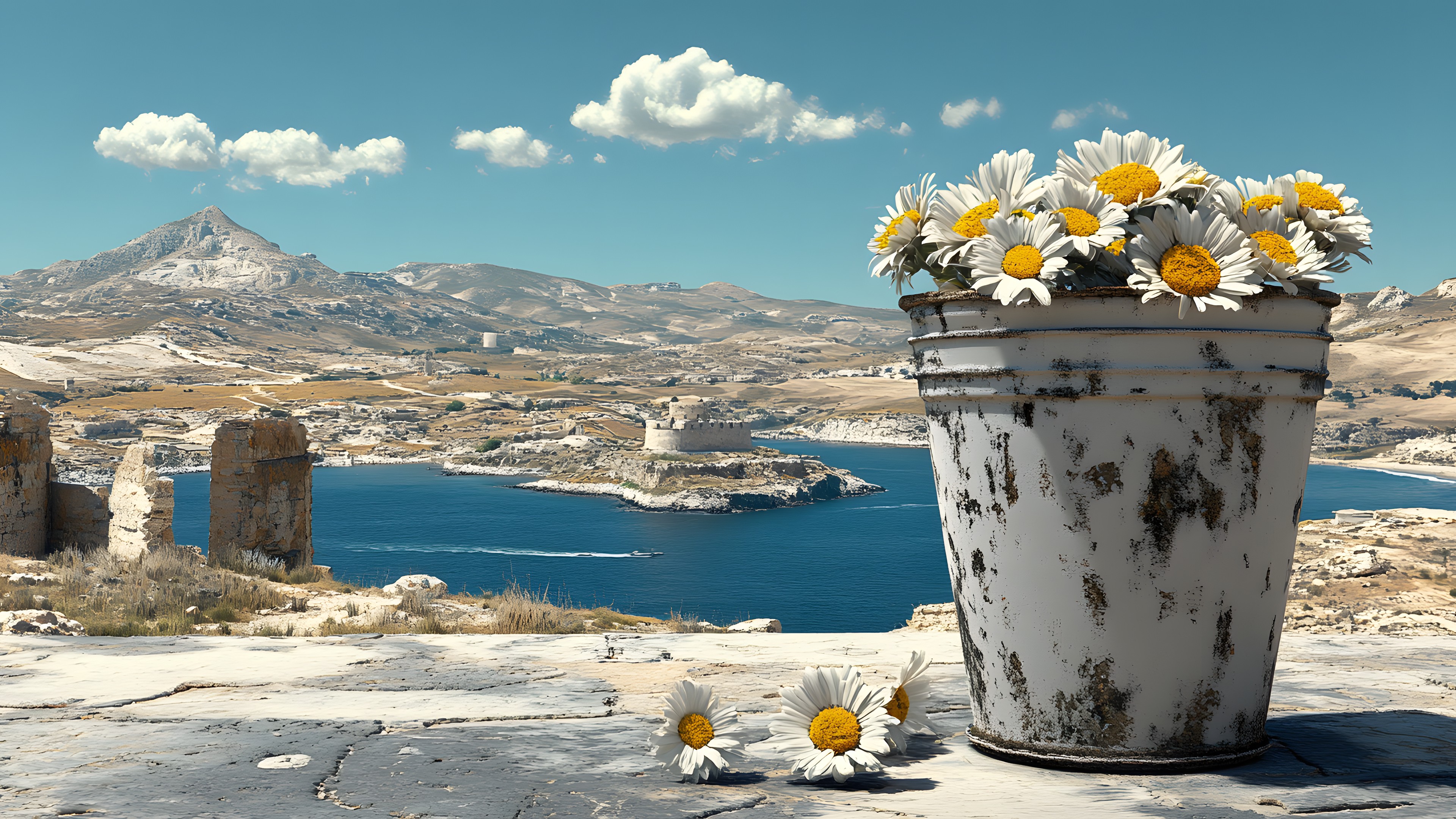 Blue, Flower, Coast, Sea, Coastal and oceanic landforms, Ocean, Flowerpot, Shore, Wildflower, Cut flowers, Tanacetum, Flower Arranging, Bay, Floral design, Lake District, Houseplant, Daisy family, Beach, Sunflowers, Vase