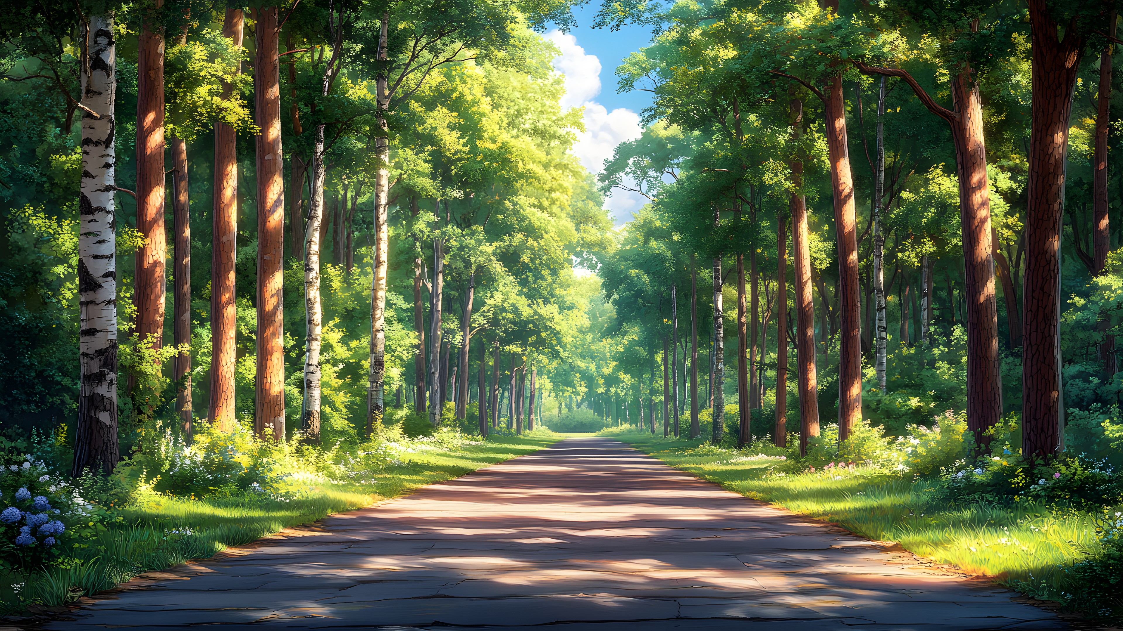Nature, Leaf, Branch, Vegetation, Natural landscape, Road, Forest, Grove, Woodland, Trunk, Northern hardwood forest, Sunlight, Woody plant, Spring, Trail, Old-growth forest, Temperate broadleaf and mixed forest, Jungle, Walkway, Tropical and subtropical coniferous forests