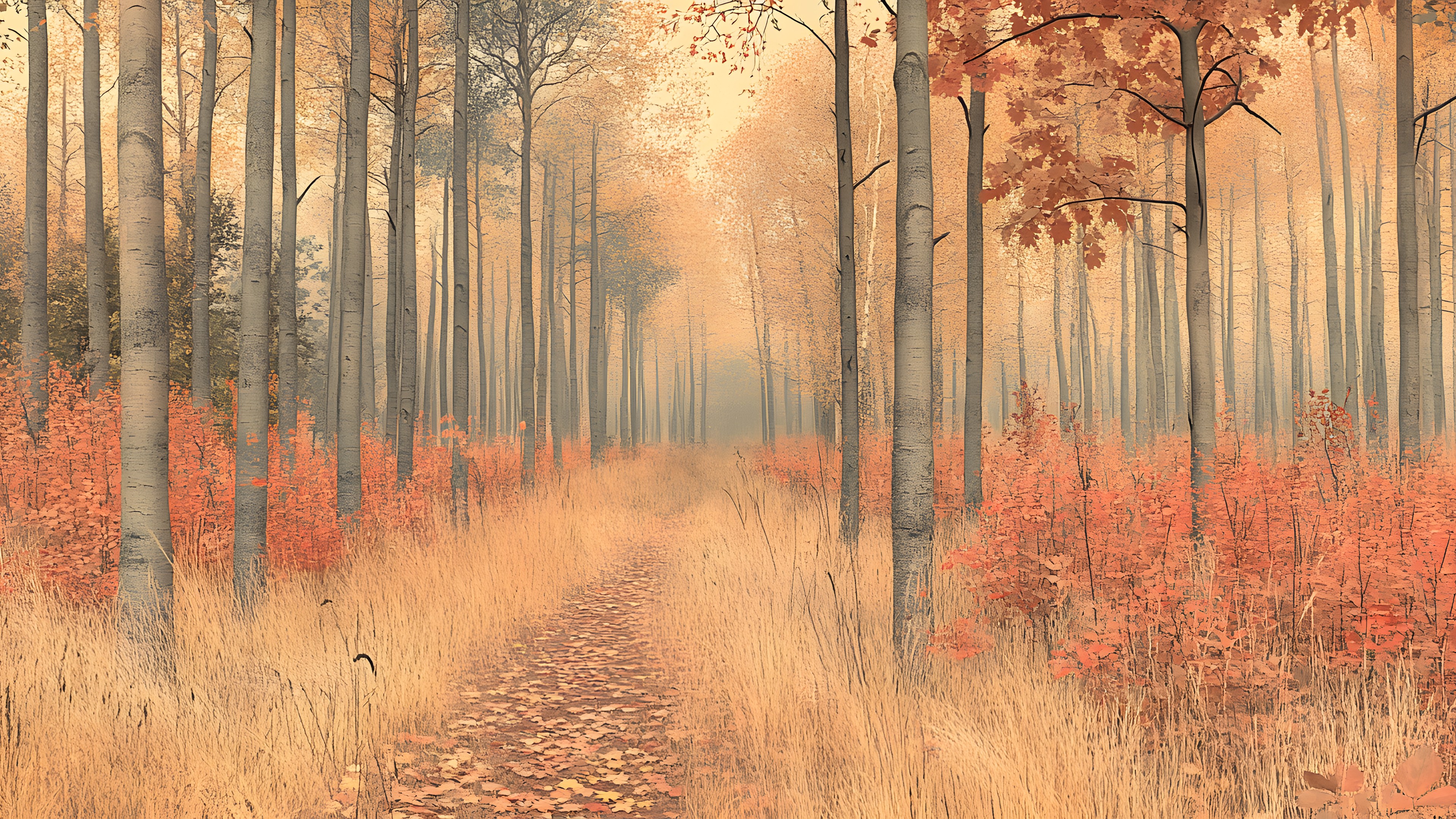 Wood, atmospheric phenomenon, Natural landscape, Orange, Forest, Brown, Trunk, Northern hardwood forest, Grove, Autumn, Woodland, Temperate broadleaf and mixed forest, Woody plant, Old-growth forest, Fog, Mist, Tropical and subtropical coniferous forests, Spruce-fir forests, Trail, Haze