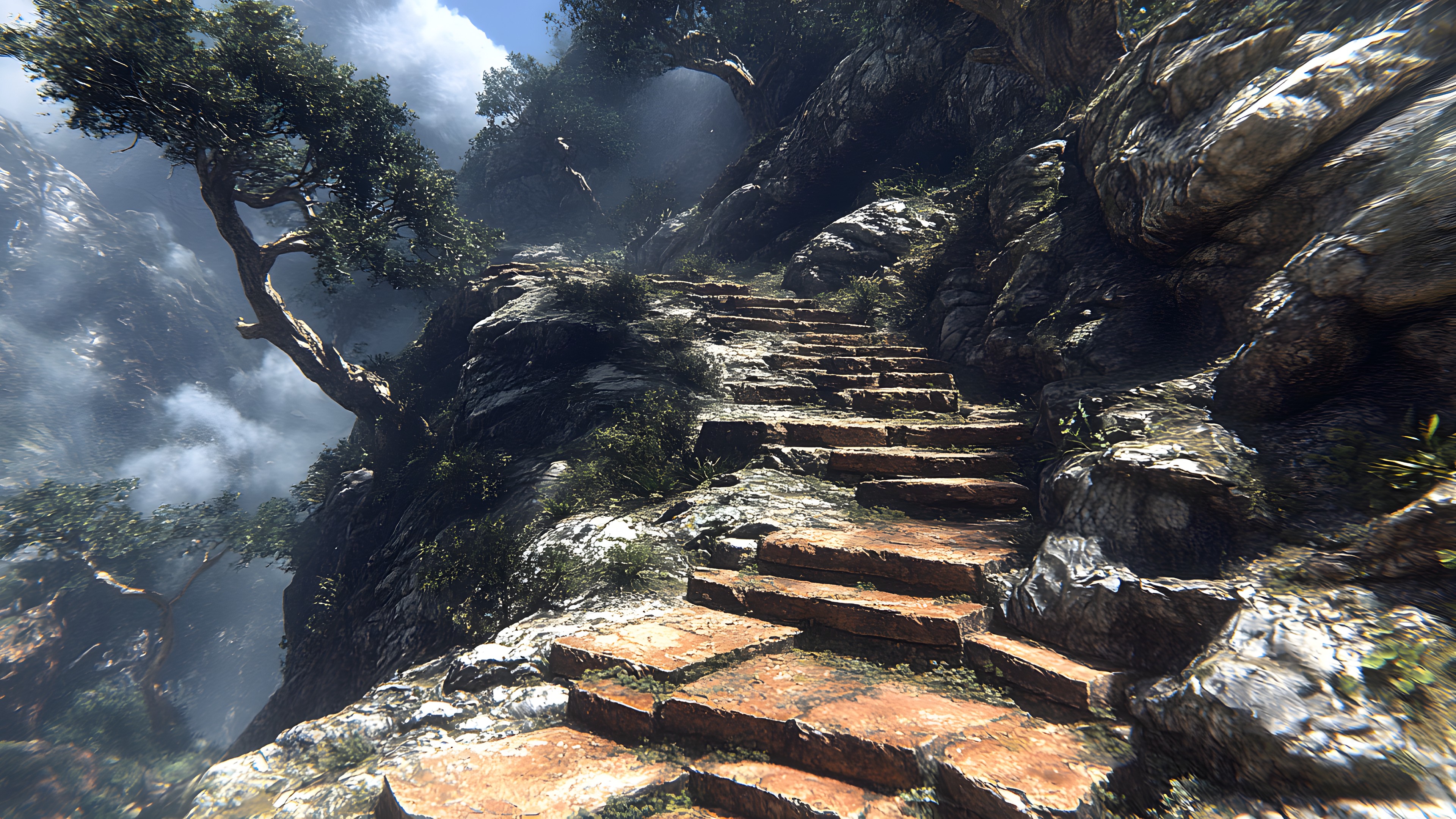 Stairs, Terrain, geological phenomenon, Geological formation, Geology, Bedrock, Mist, Valley, Outcrop, PC game, Trail, Erosion, Haze, Fog, Old-growth forest, Fault