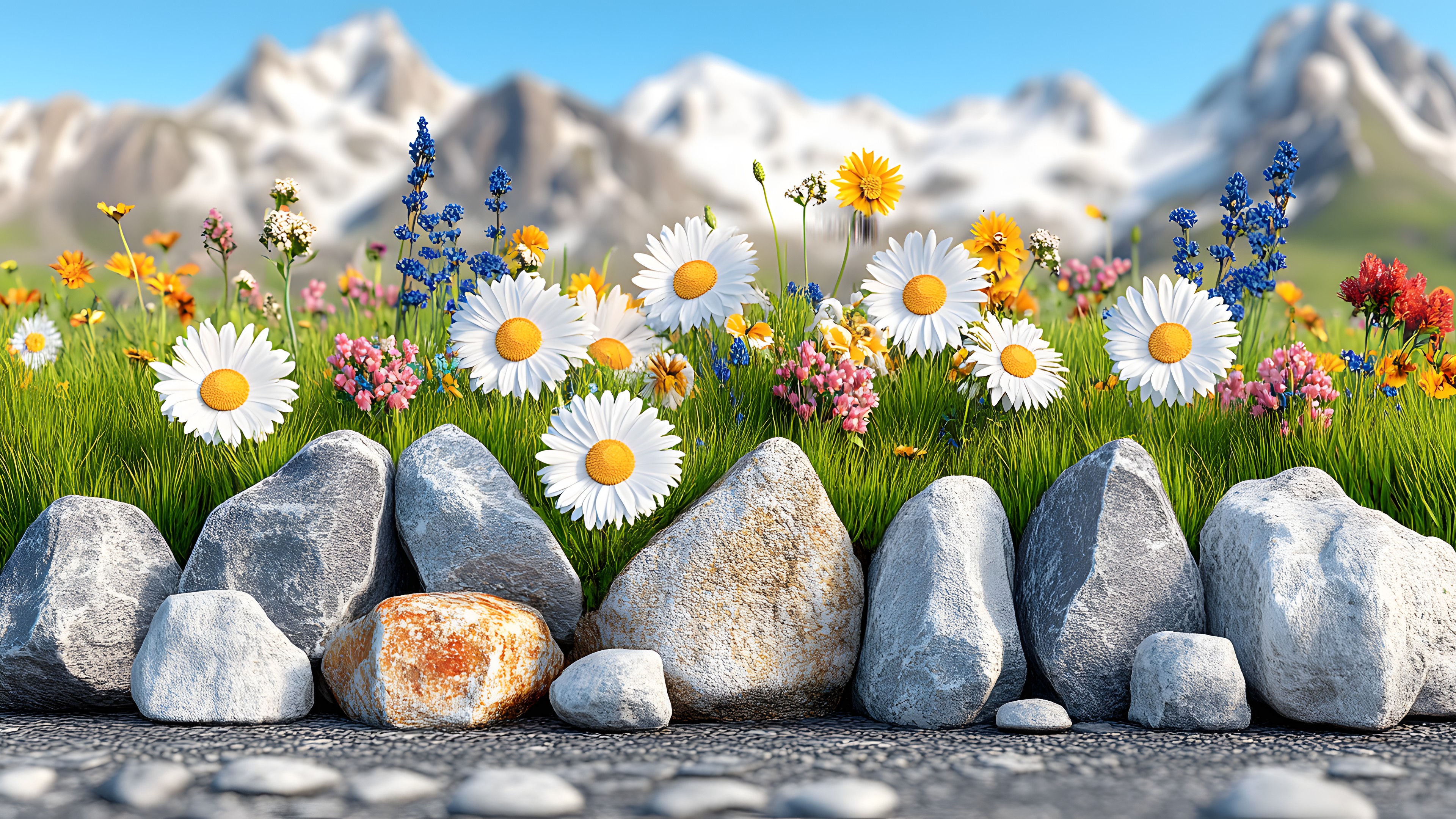 Flower, Petal, Spring, Flowering plant, Wildflower, Herbaceous plant, Garden, Common daisy, Chamomile, Roman chamomile, Pebble, Bellis, Forb, Tulip