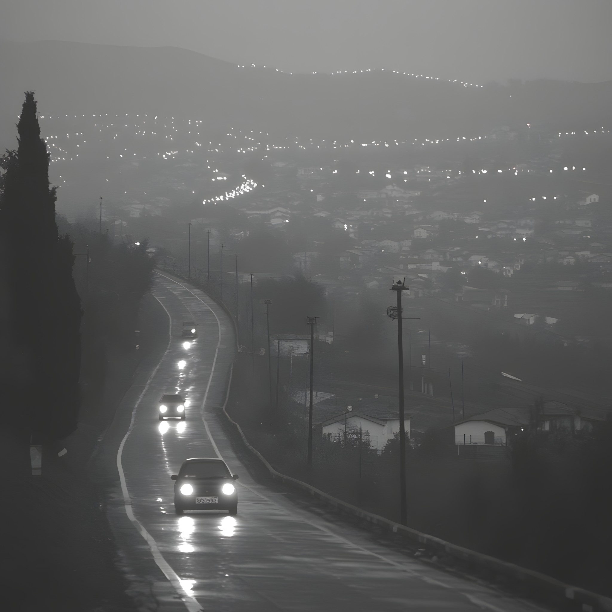 Road, Road surface, atmospheric phenomenon, Highway, Monochrome photography, Black, Asphalt, Controlled-access highway, Street, Darkness, Thoroughfare, Electricity, Black and white, Haze, Mist, Evening, Monochrome, Street light, Fog, Lane