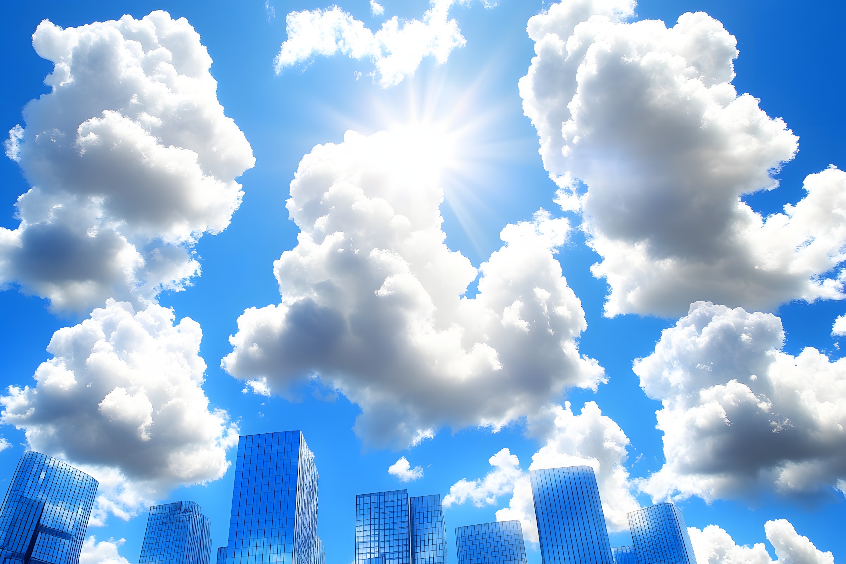 Sky, Blue, Cloud, Daytime, Cumulus, High-rise building, Skyscraper, Meteorological phenomenon, Commercial building, Sunlight, Metropolis, Condominium, Symmetry, Headquarters, Corporate headquarters