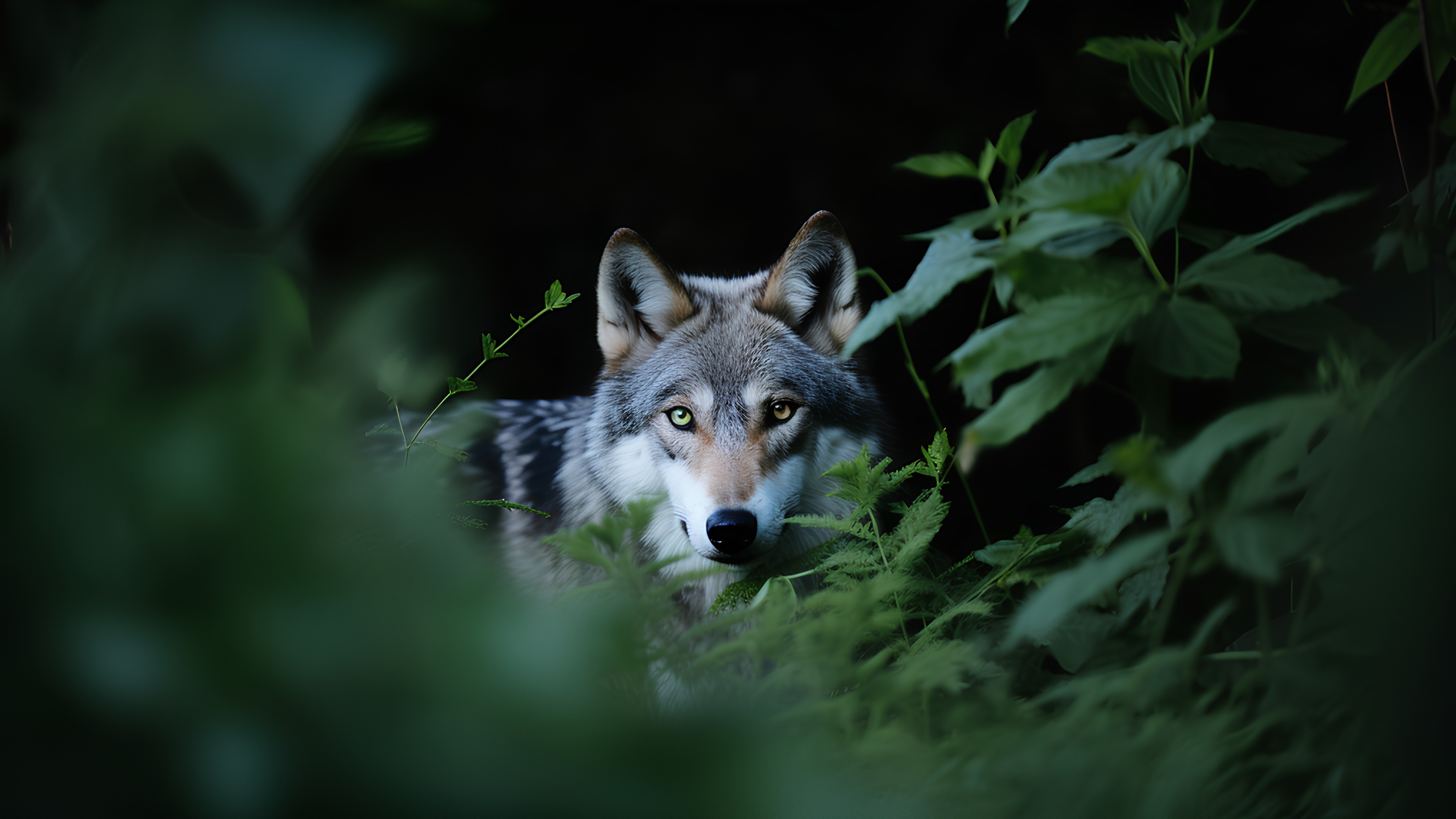 Carnivore, Plant, Dog breed, Wolf, Whiskers, Dog, Terrestrial animal, Grass, Snout, Forest, Tail, Art, Fur, Canis, Jungle, Tree, Canidae, Natural landscape