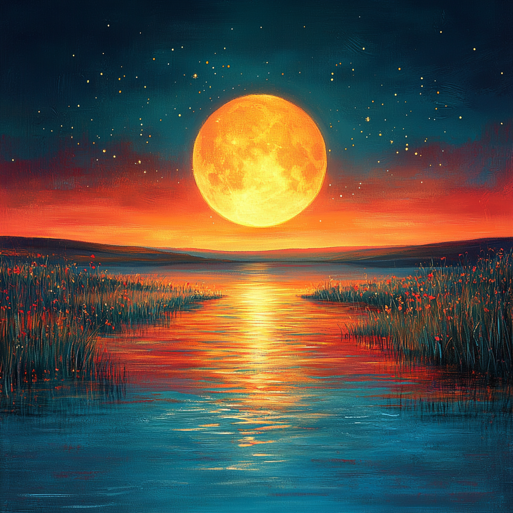 Astronomical object, Moon, Orange, Sunset, Afterglow, Sunrise, Sun, Red sky at morning, Dusk, Evening, Celestial event, Reflection, Ocean, Full moon, Moonlight, Dawn, Astronomy, Paint, Meteorological phenomenon, Acrylic paint