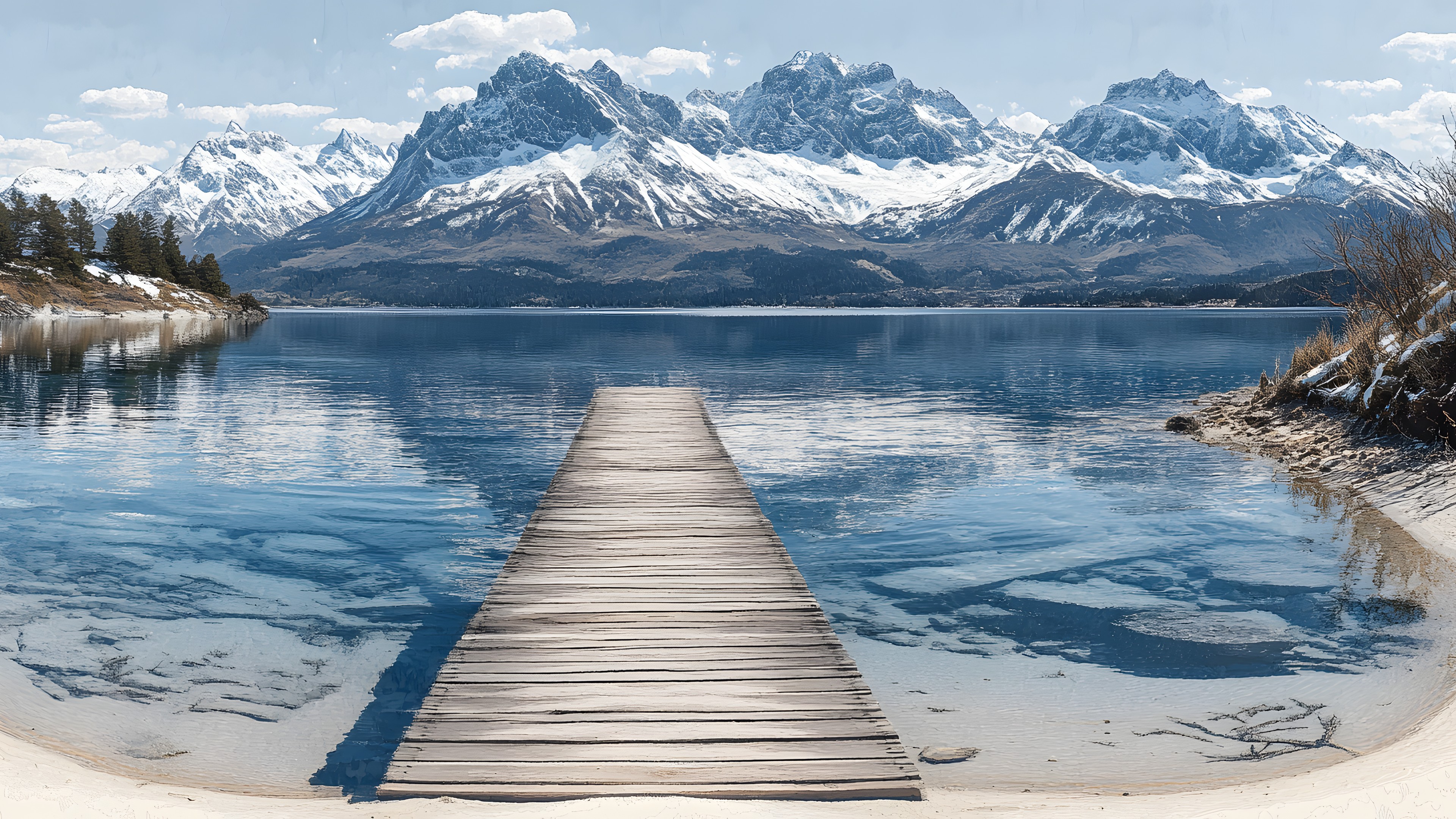 Blue, Water, Mountainous landforms, Nature, Mountain, Natural landscape, Reflection, Mountain range, Glacial landform, Winter, Wilderness, Lake, Alps, Morning, Valley, Snow, Glacier, Boardwalk, Ridge, Sound