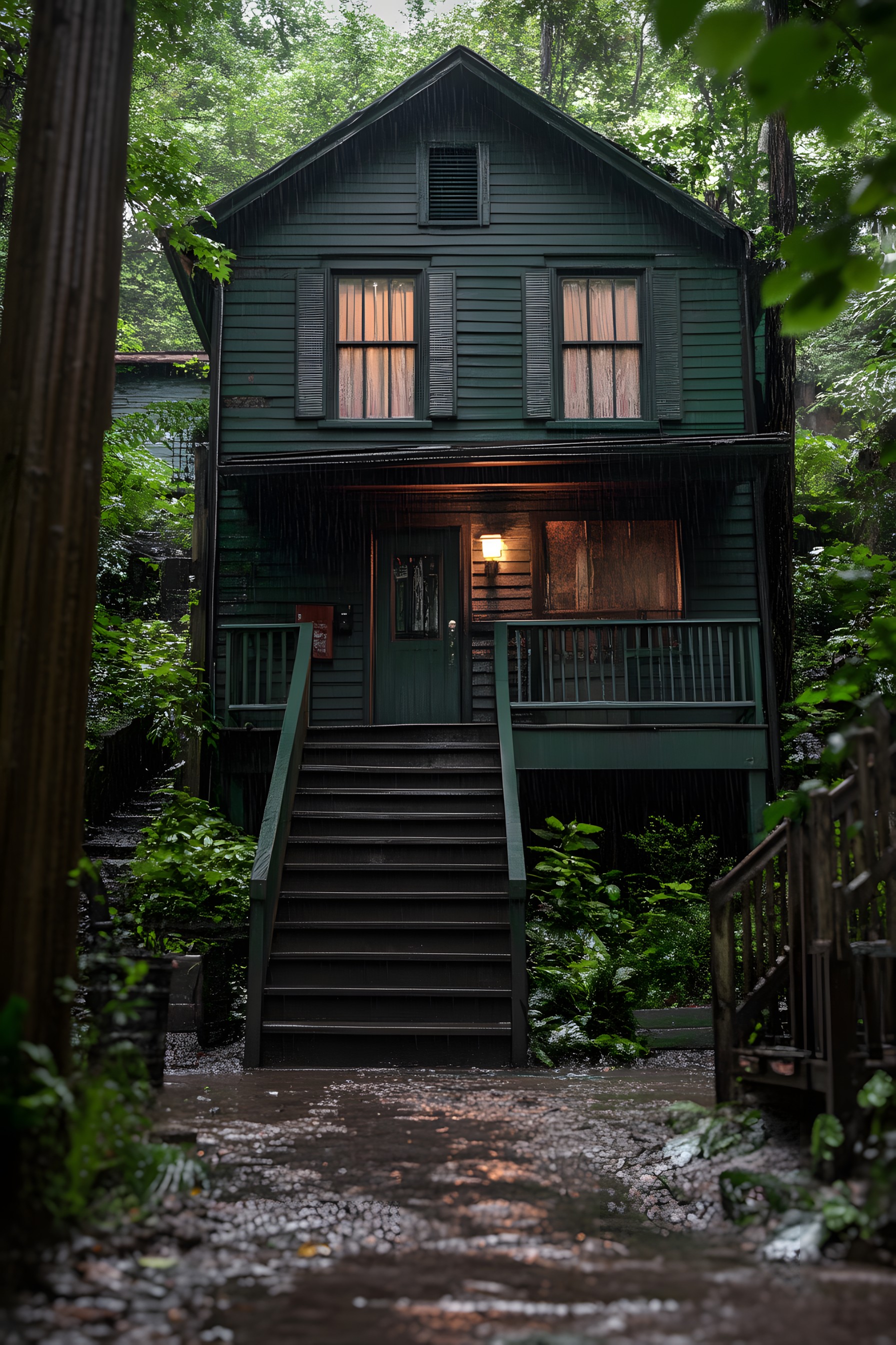 Wood, Stairs, Branch, Siding, Cottage, Door, Twig, Handrail, Porch, Log cabin, Garden buildings, Plank