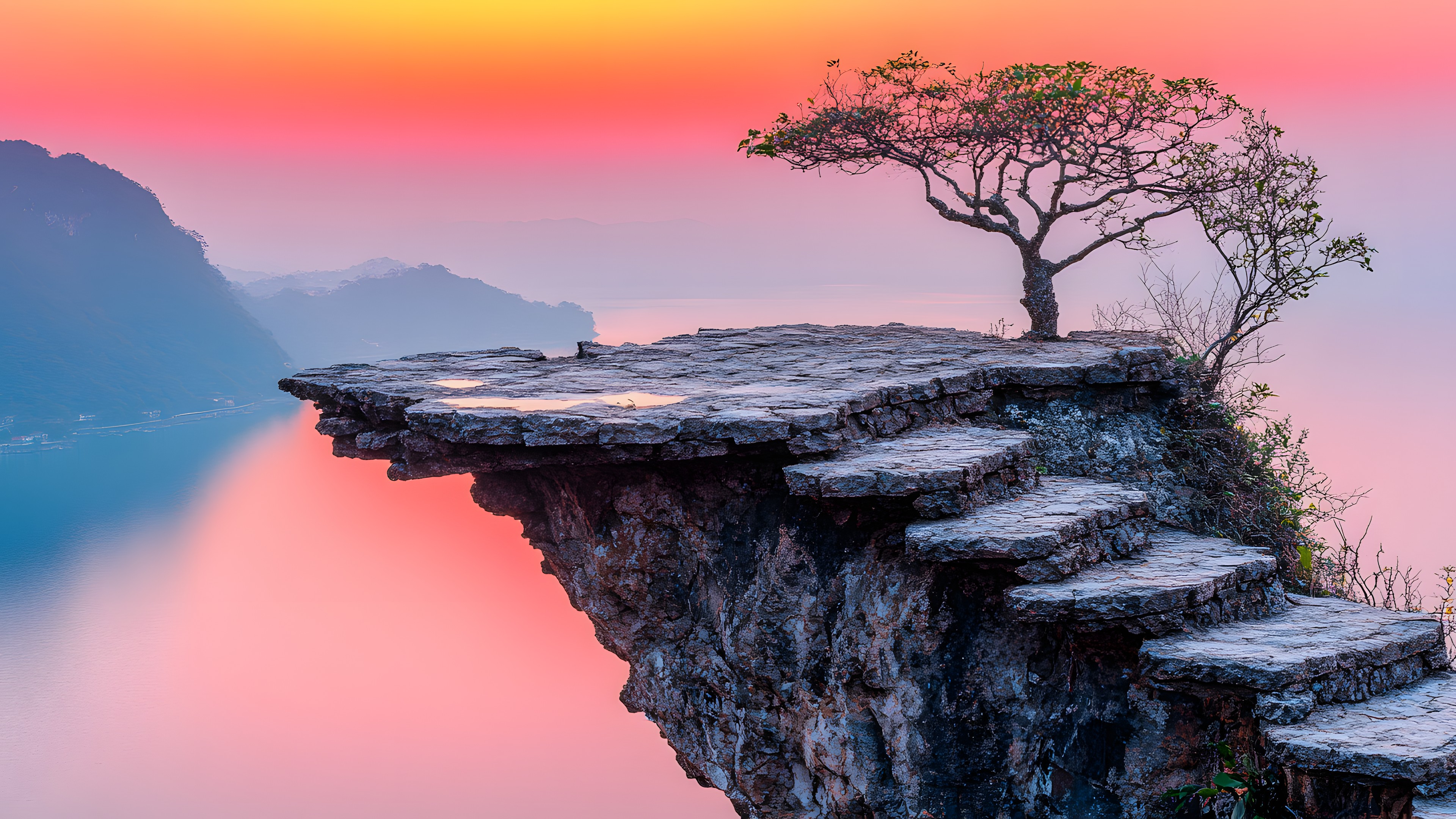 Rock, Terrain, Geological formation, Sunrise, Morning, Cliff, Outcrop, Dusk, Sunset, Klippe, Headland, Ridge, Promontory, Evening, Fault, Afterglow, Red sky at morning, Mist, Mount Scenery, Escarpment
