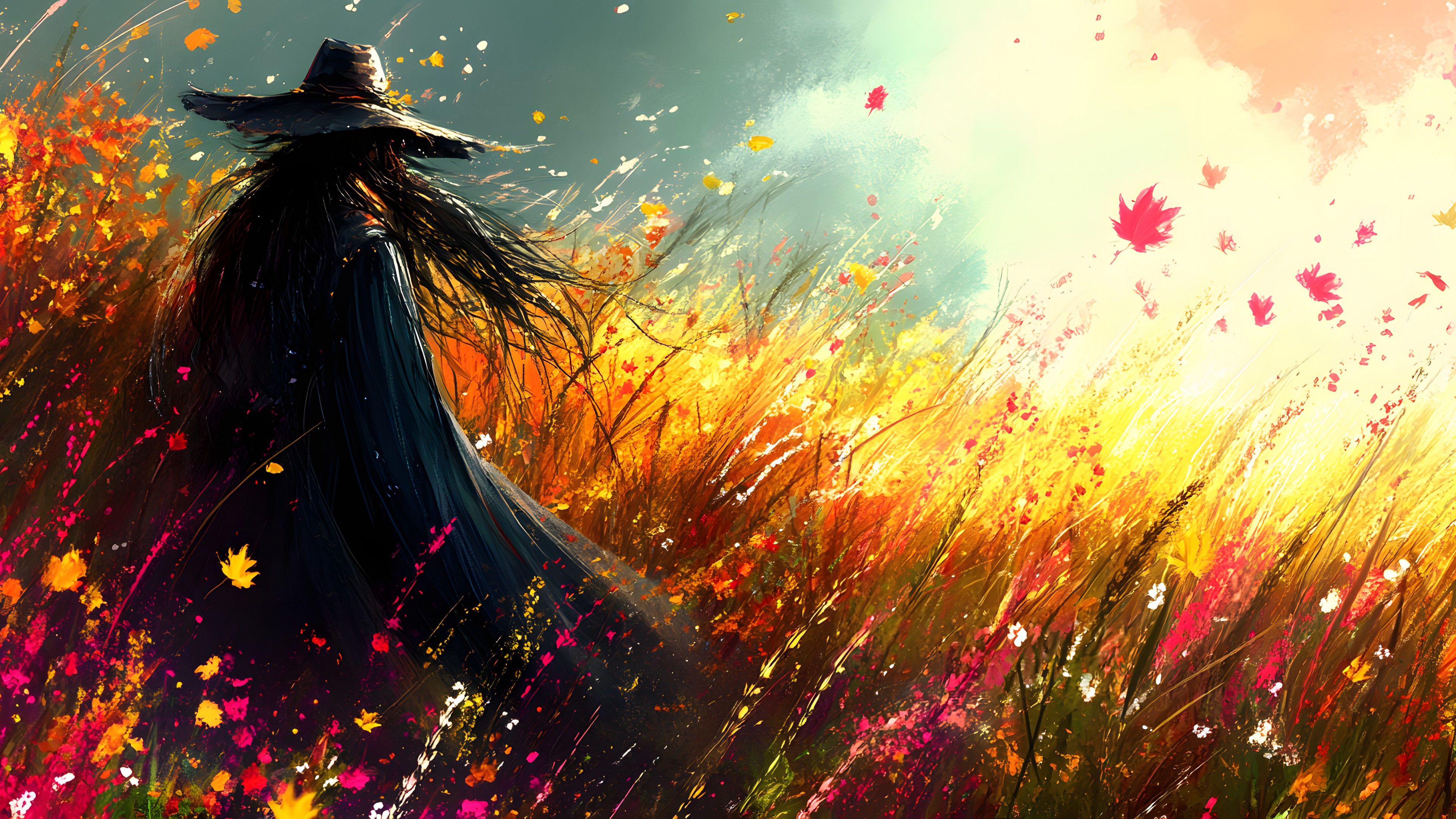 Orange, Witch hat, CG artwork, Wind, Animation, Fictional character, Watercolor painting, Autumn