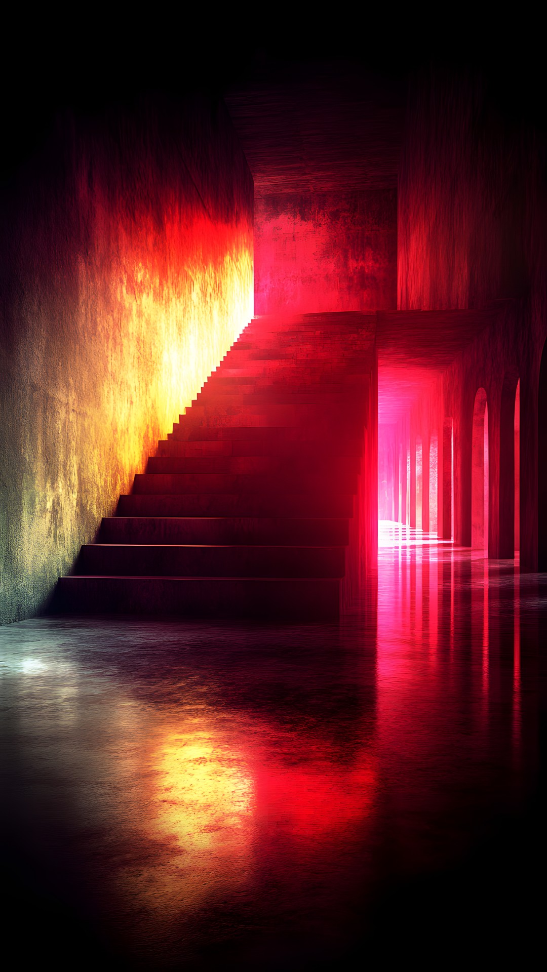 Photograph, Red, Orange, Stairs, Darkness, Still life photography, Shadow, Heat