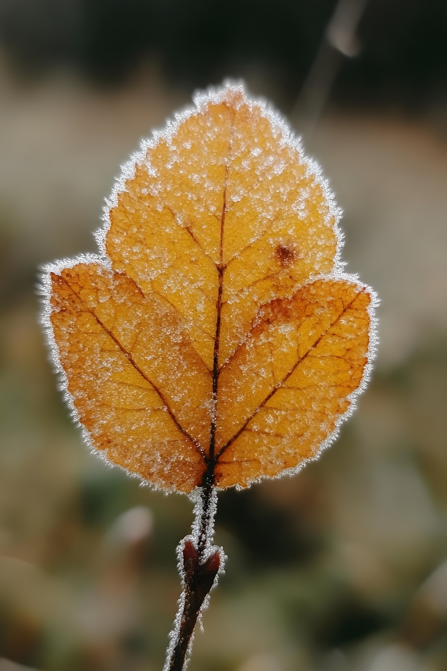 Leaf, Yellow, Close-up, Frost, Macro photography, Twig, Plant stem, Natural material, Autumn, Birch family, Plant pathology, Moisture, Freezing