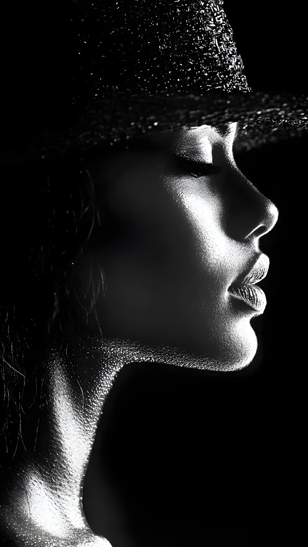 Lips, Hat, Eyelash, Beauty, Headgear, Facial expression, Monochrome photography, Sun hat, Black hair, Black, Portrait photography, Black and white, Monochrome, Fedora, Portrait, Silver, Fashion Model, Model, Costume Hat, Photo shoot