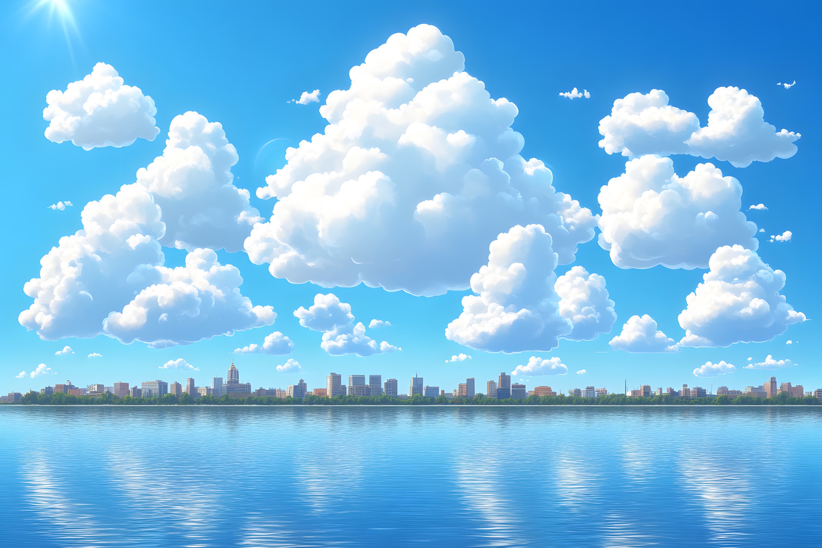 Sky, Blue, Cloud, Daytime, Cumulus, Horizon, Meteorological phenomenon, Morning, Cityscape, Skyline, High-rise building, Metropolis, Sea, Skyscraper, Sunlight, Ocean, Panorama, Tropics