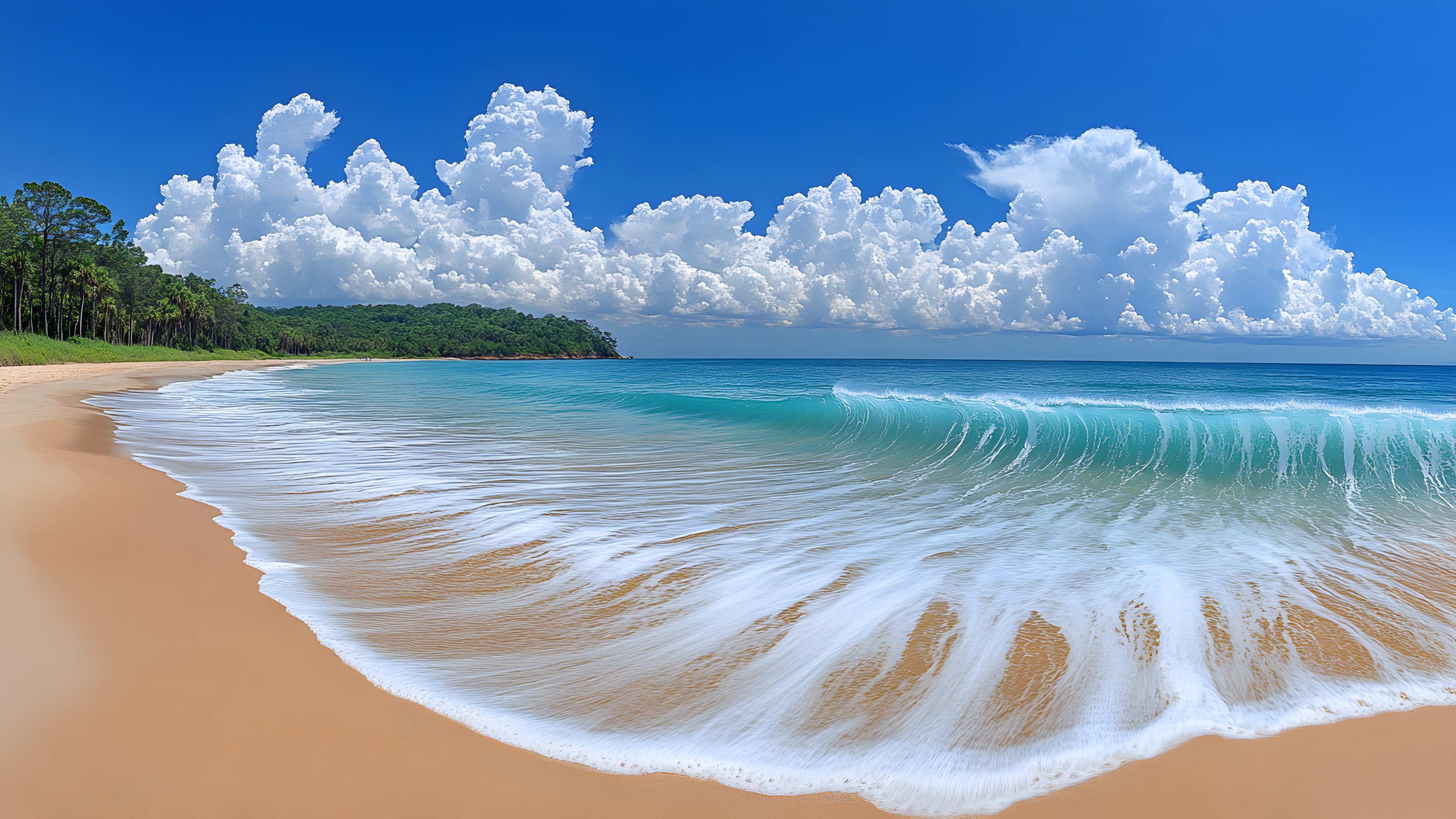 Water, Cloud, Sky, Daytime, Azure, Beach, Natural landscape, Plant, Tree, Body of water, Cumulus, Aqua, Wind wave, Wind, Landscape, Horizon, Arecales, Sand, Headland, Caribbean