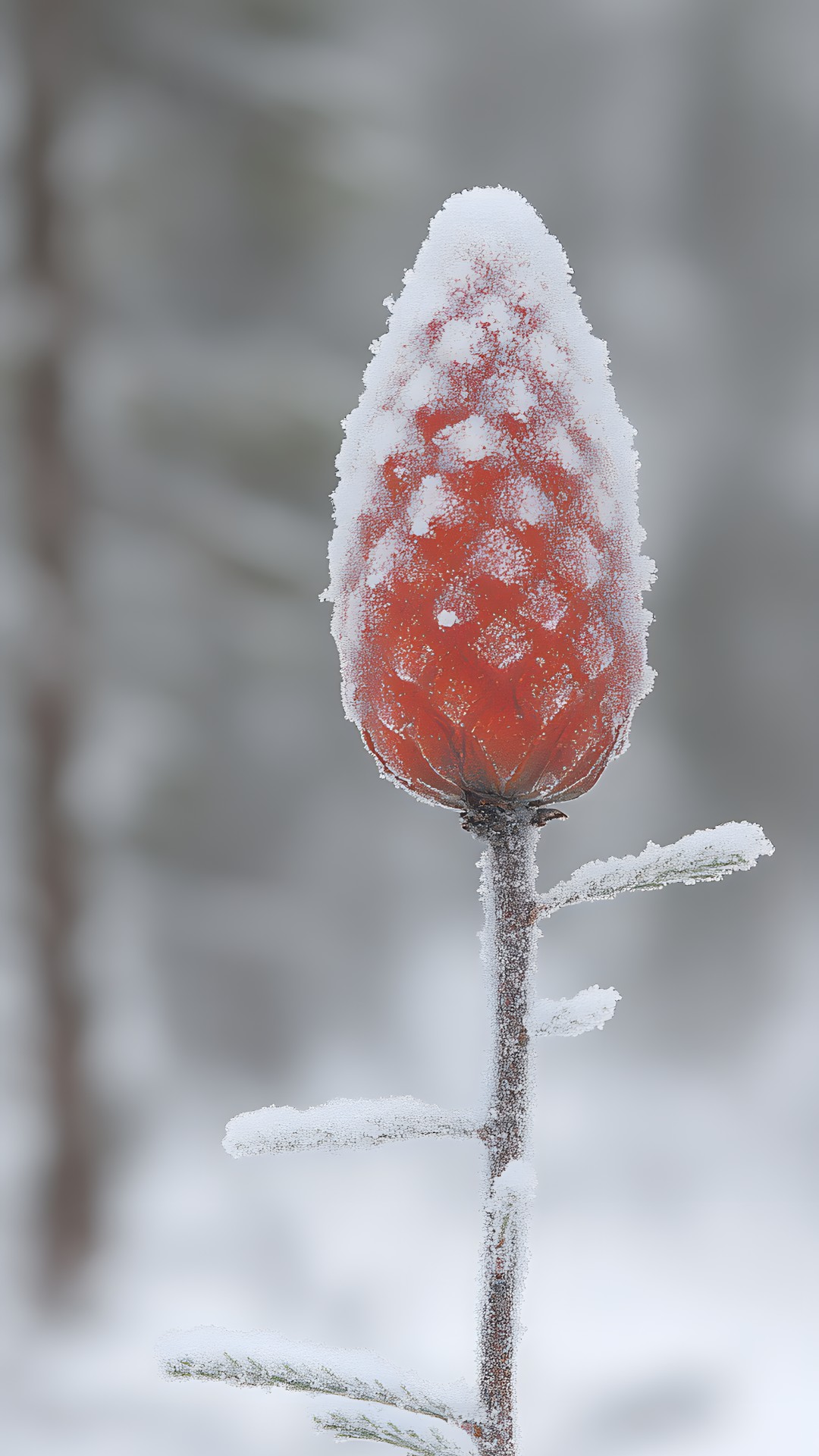 Winter, Snow, Freezing, Close-up, Frost, Twig, Plant stem, Macro photography, Natural material, Precipitation, Ice, Conifers, Bud, Pine family, Pine