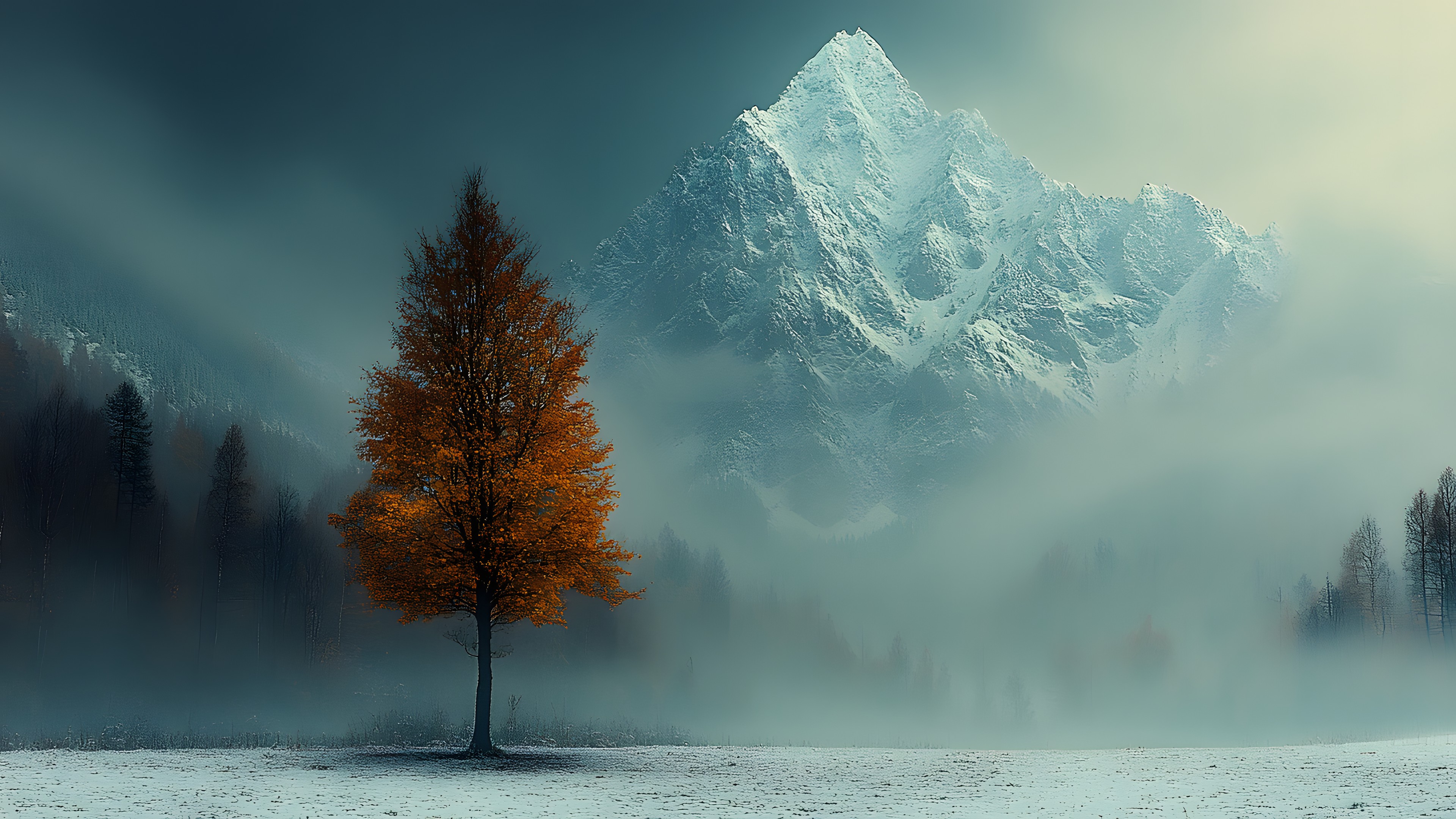 atmospheric phenomenon, Natural landscape, Winter, Forest, Wilderness, Mist, Larch, Mountain range, Spruce-fir forests, Fog, Snow, Glacial landform, Alps, Valley, Frost, Freezing, Conifers, Haze, Tropical and subtropical coniferous forests, Ridge
