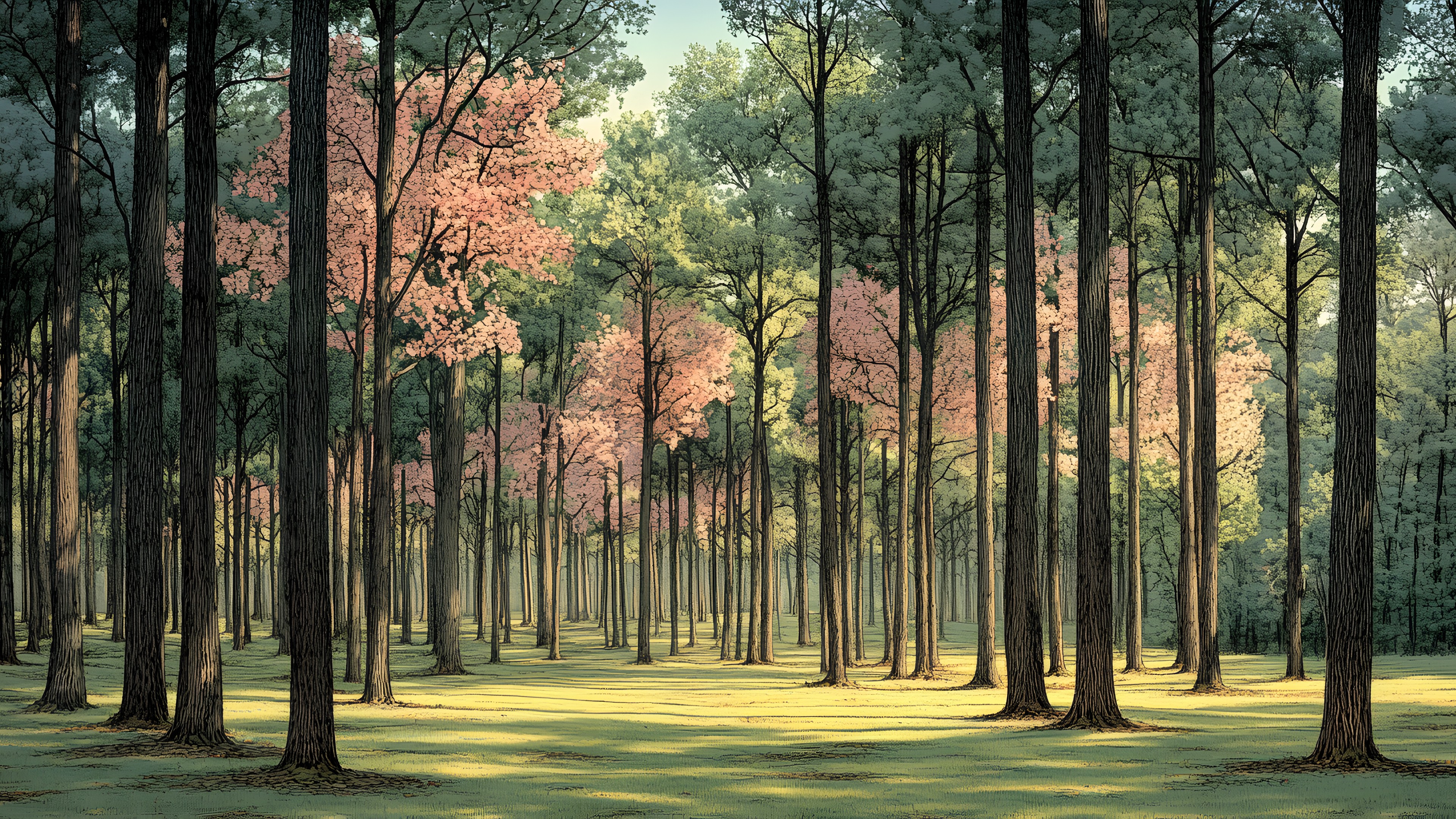 Tree, Leaf, Natural environment, Nature, Branch, Wood, Forest, Vegetation, Natural landscape, Grove, Woodland, Trunk, Northern hardwood forest, atmospheric phenomenon, Temperate broadleaf and mixed forest, Sunlight, Woody plant, Old-growth forest, Jungle, Nature reserve