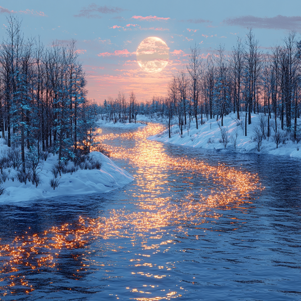 Water, Natural landscape, Winter, Reflection, Sunrise, Watercourse, Sunset, Evening, Astronomical object, Sunlight, River, Morning, Freezing, Dusk, Fluvial landforms of streams, Lake, Snow, Afterglow, Sun, Red sky at morning