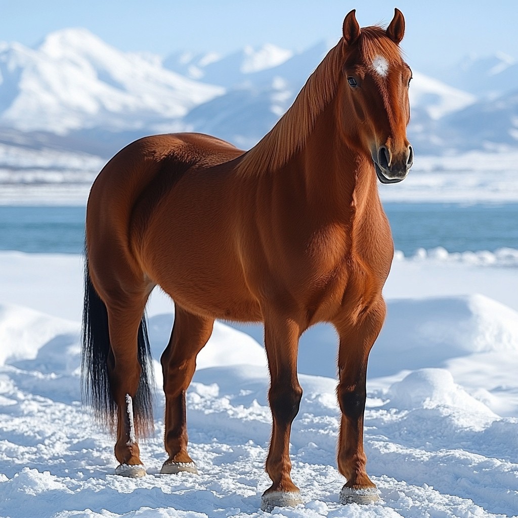 Horse, Snow, Sorrel, Winter, Freezing, Mustang, Mane, Stallion, Livestock, Working animal, Mare, Snout, Ice, Glacial landform, Pack animal, Arctic, Glacier