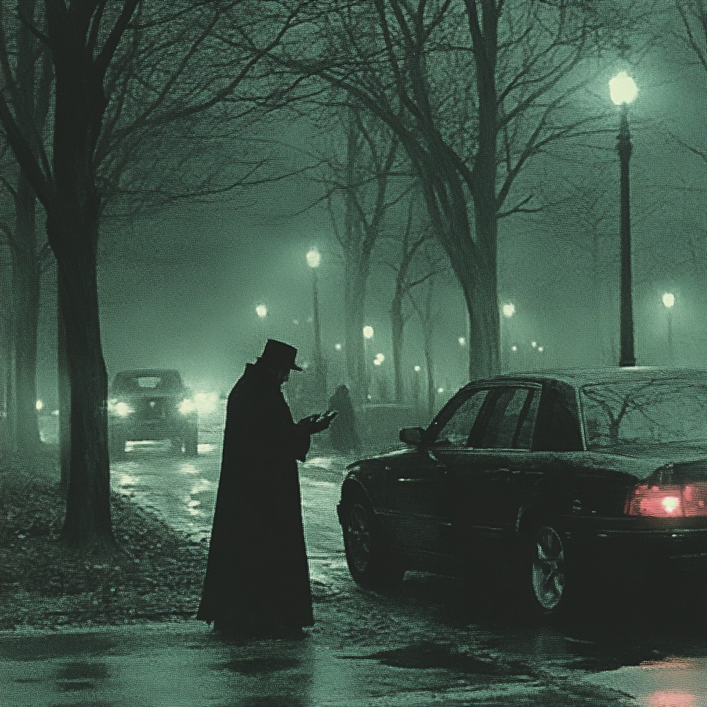 Night, Monochrome, Overcoat, Duster, Headlamp, Classic car, Fog, Noir, Cloak, Haze, Mist